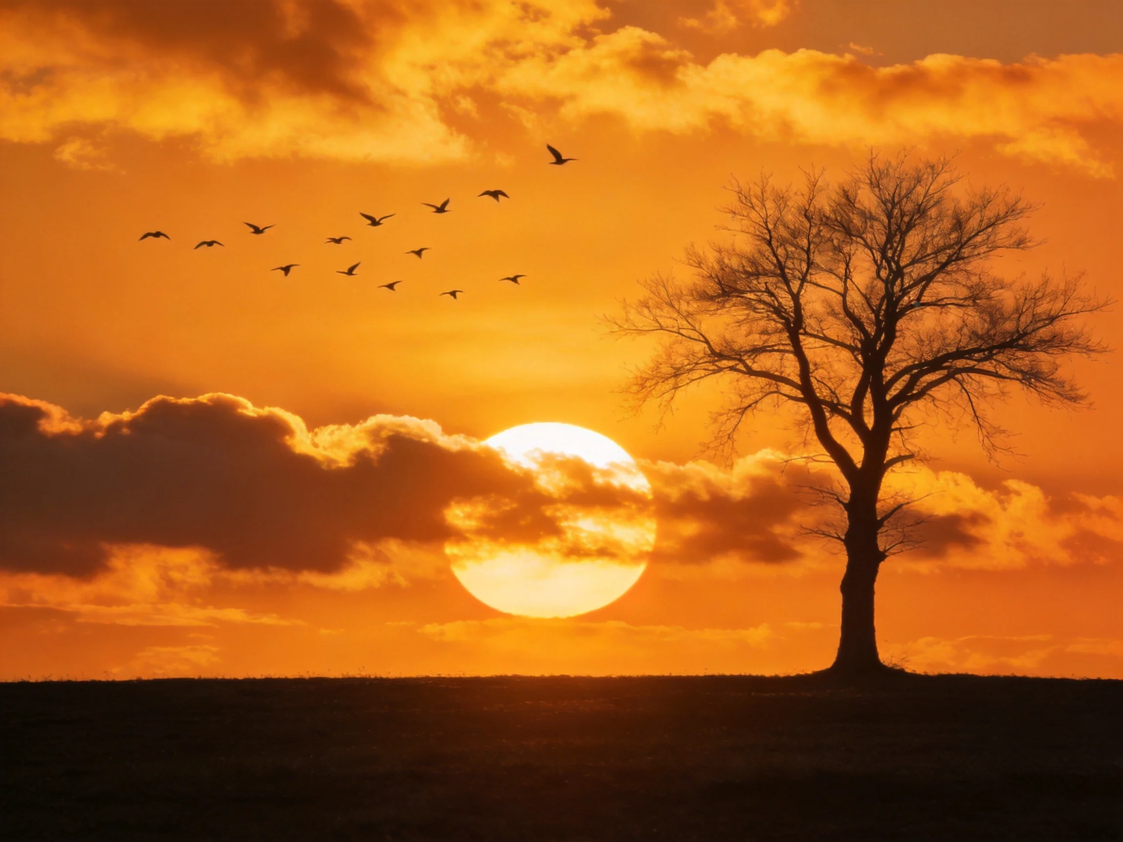 Silhouetted bare tree under golden sunset with bird flock