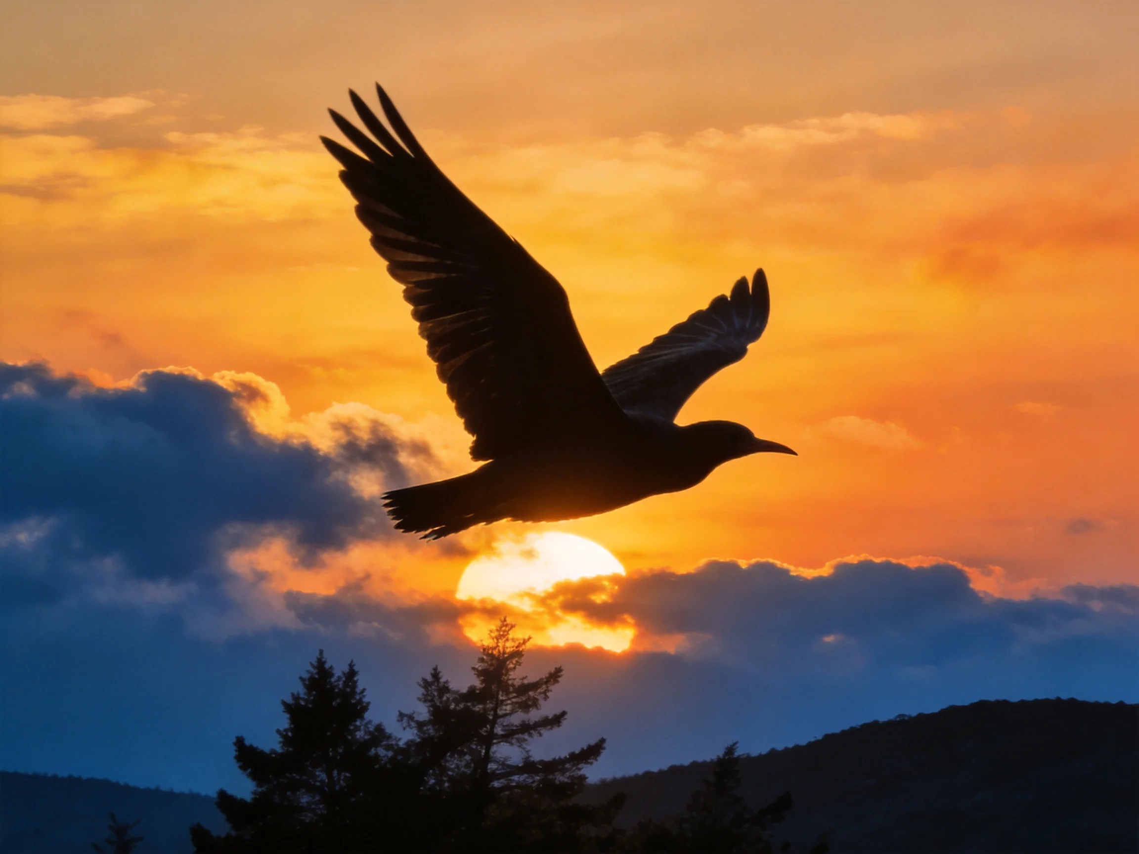 Silhouetted bird soaring amid vibrant orange sunset sky