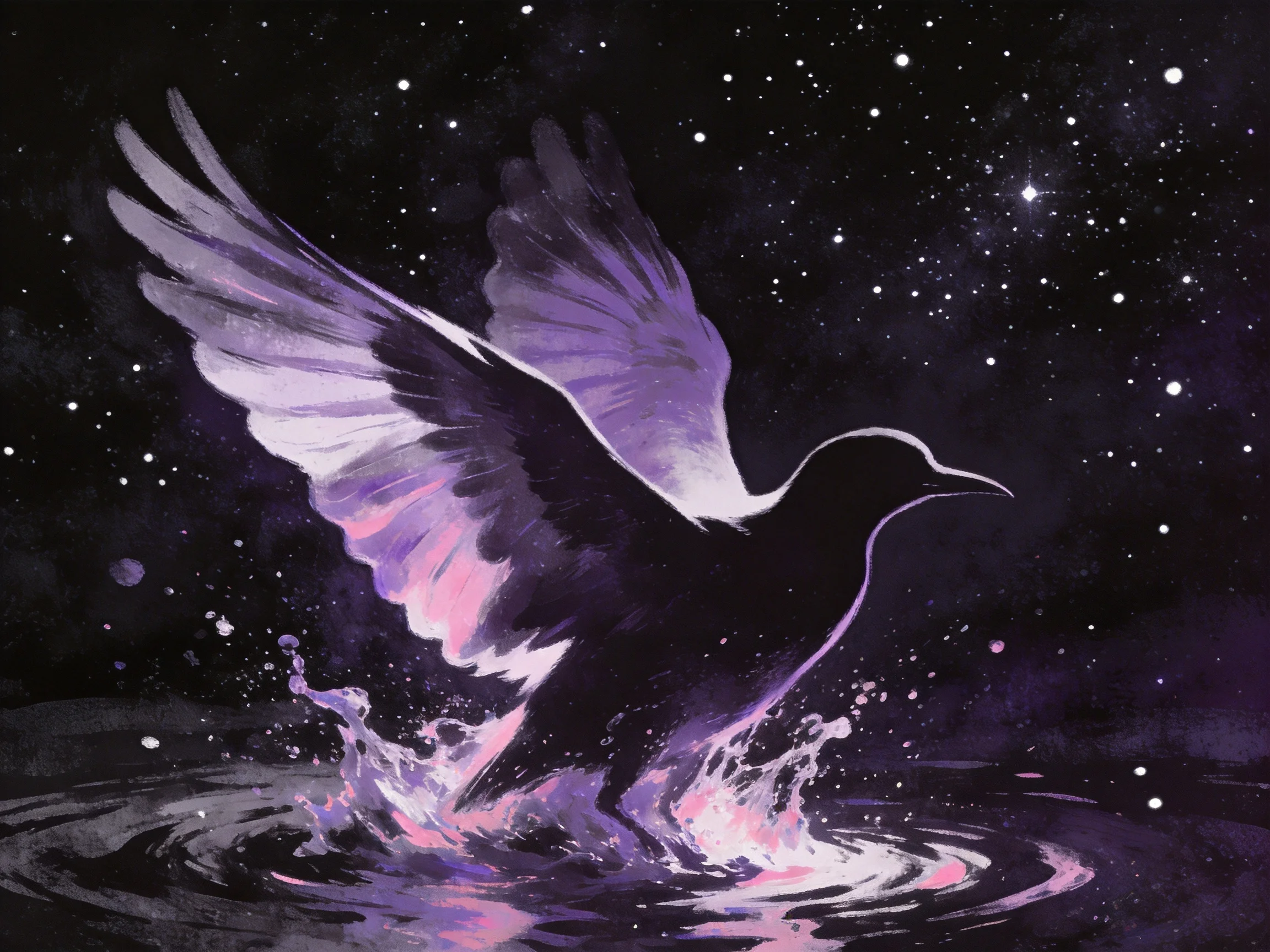 Silhouetted bird spreads wings from glowing water amid starry darkness