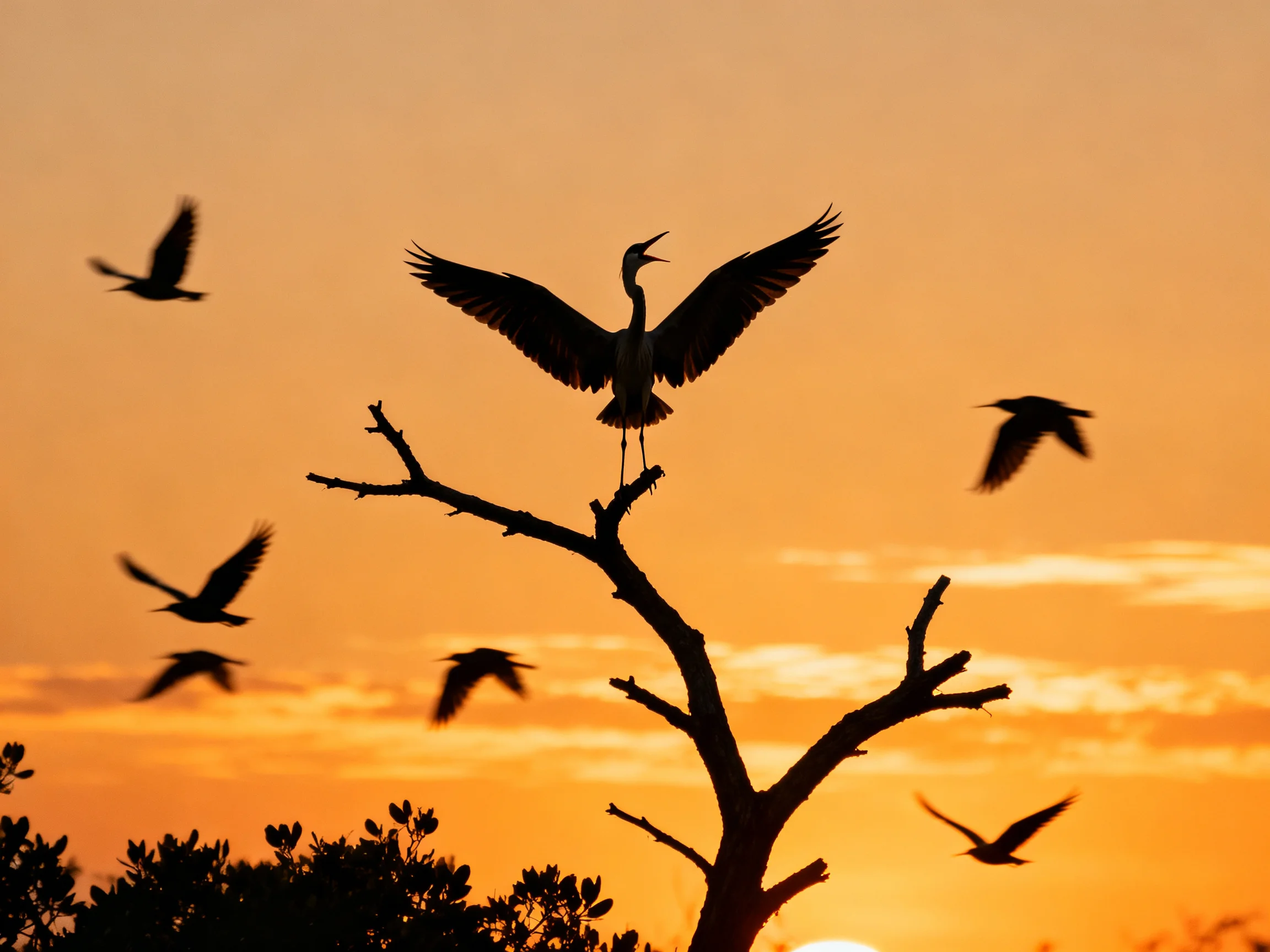 Silhouetted birds gather near bare tree at orange sunset