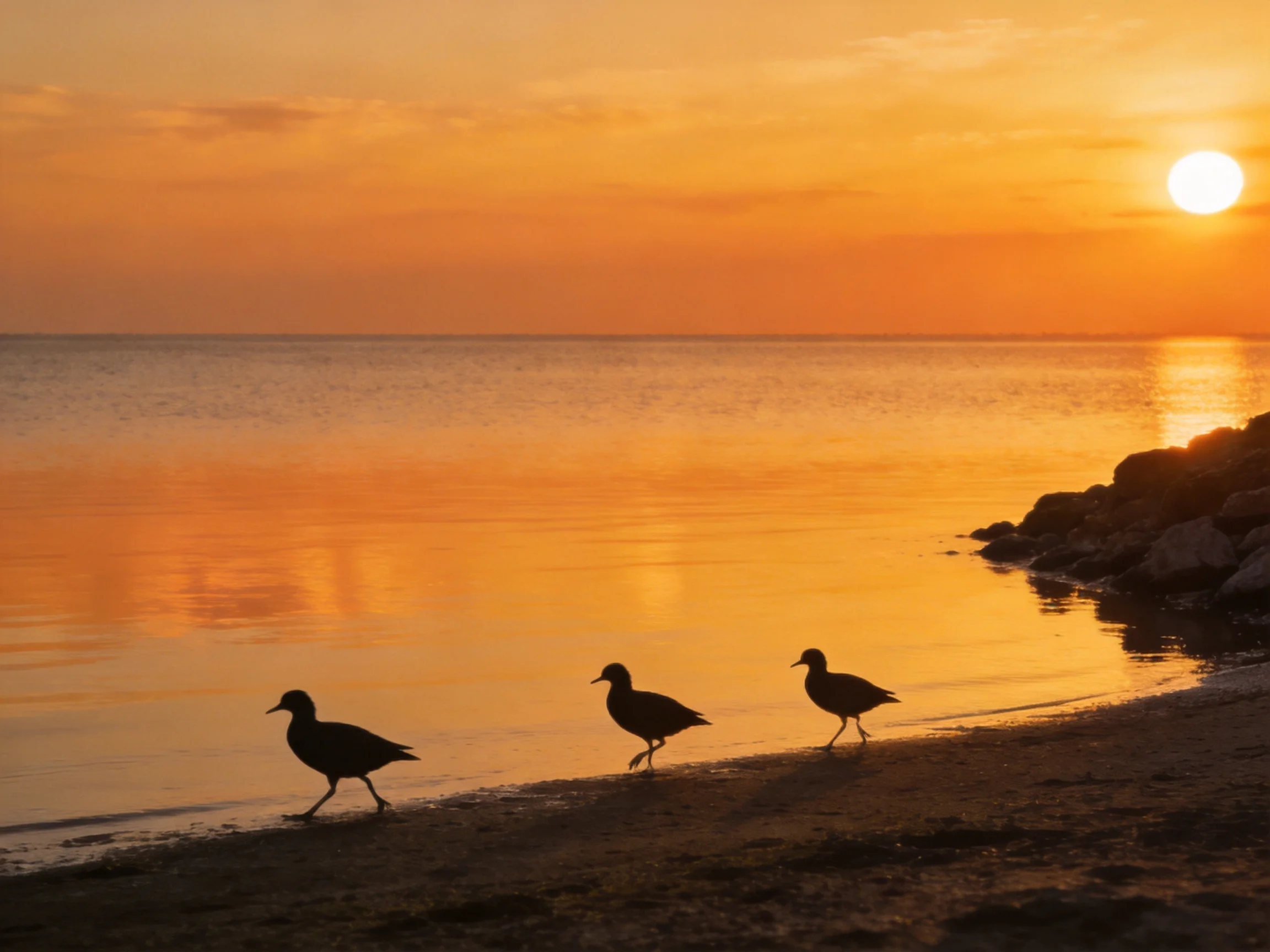 Silhouetted birds walk along a golden shoreline at sunset