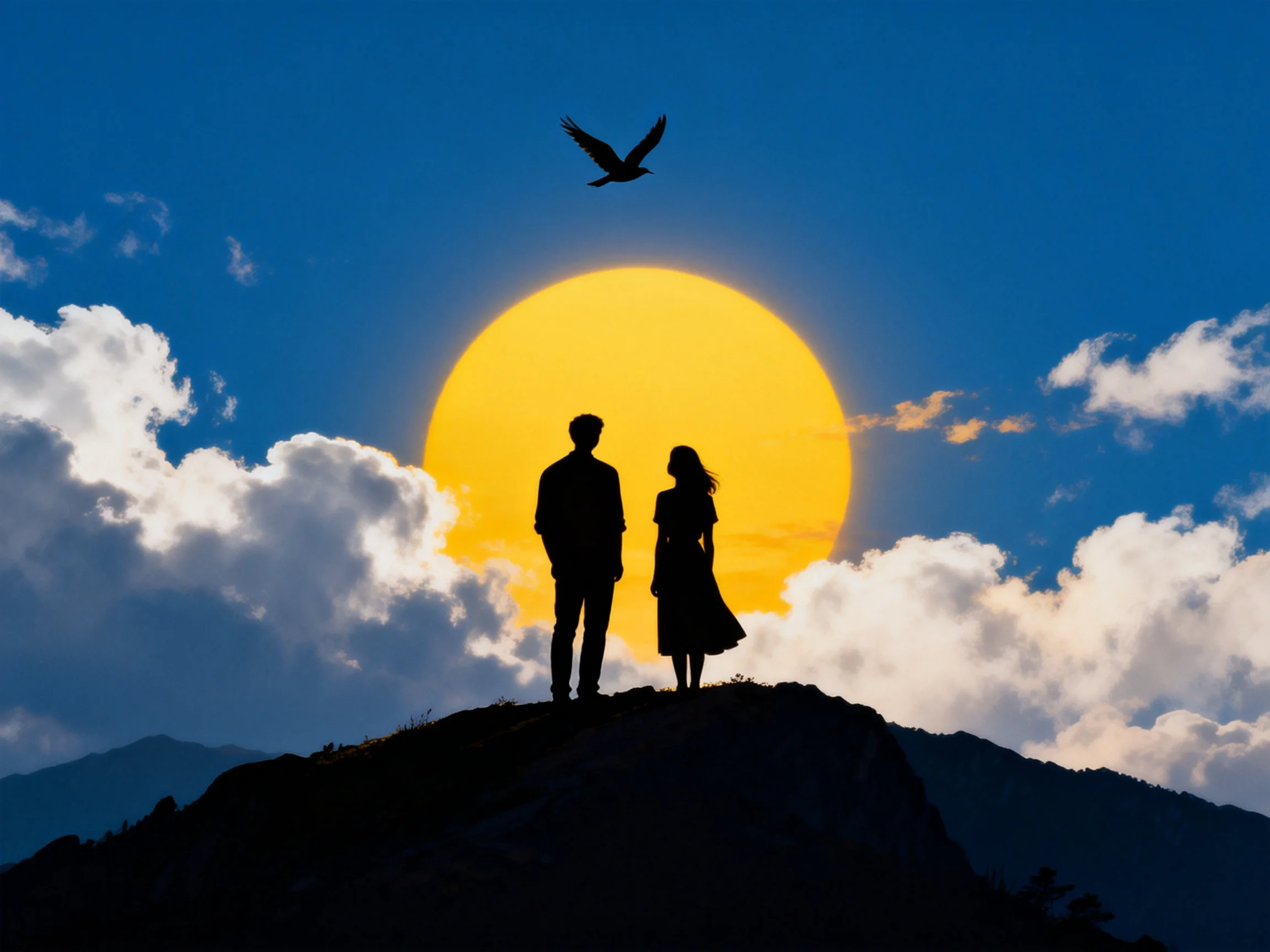 Silhouetted couple stands atop hill beneath giant yellow sun with blue sky and flying bird