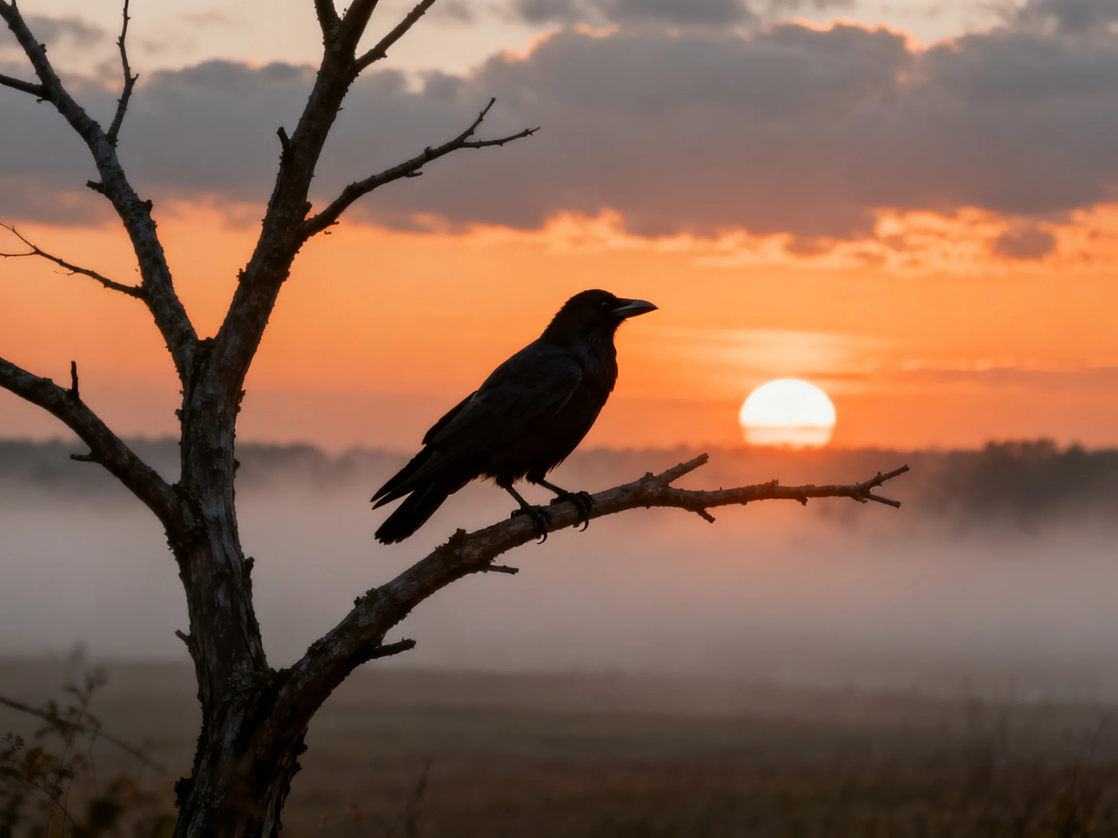 Silhouetted crow on bare tree branch during sunrise