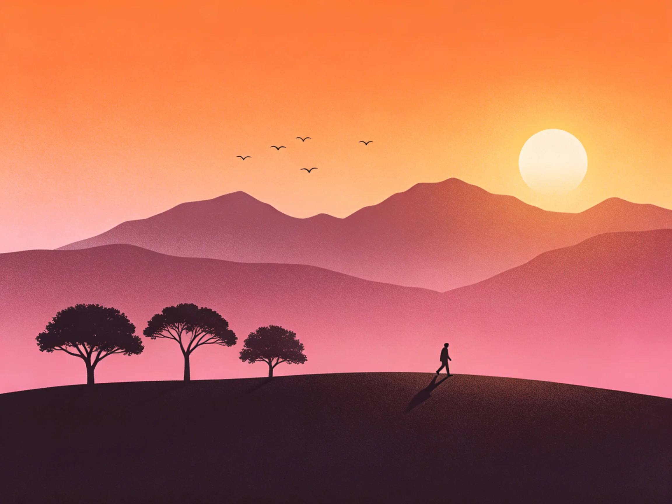 Silhouetted figure near trees beside layered mountains at sunset