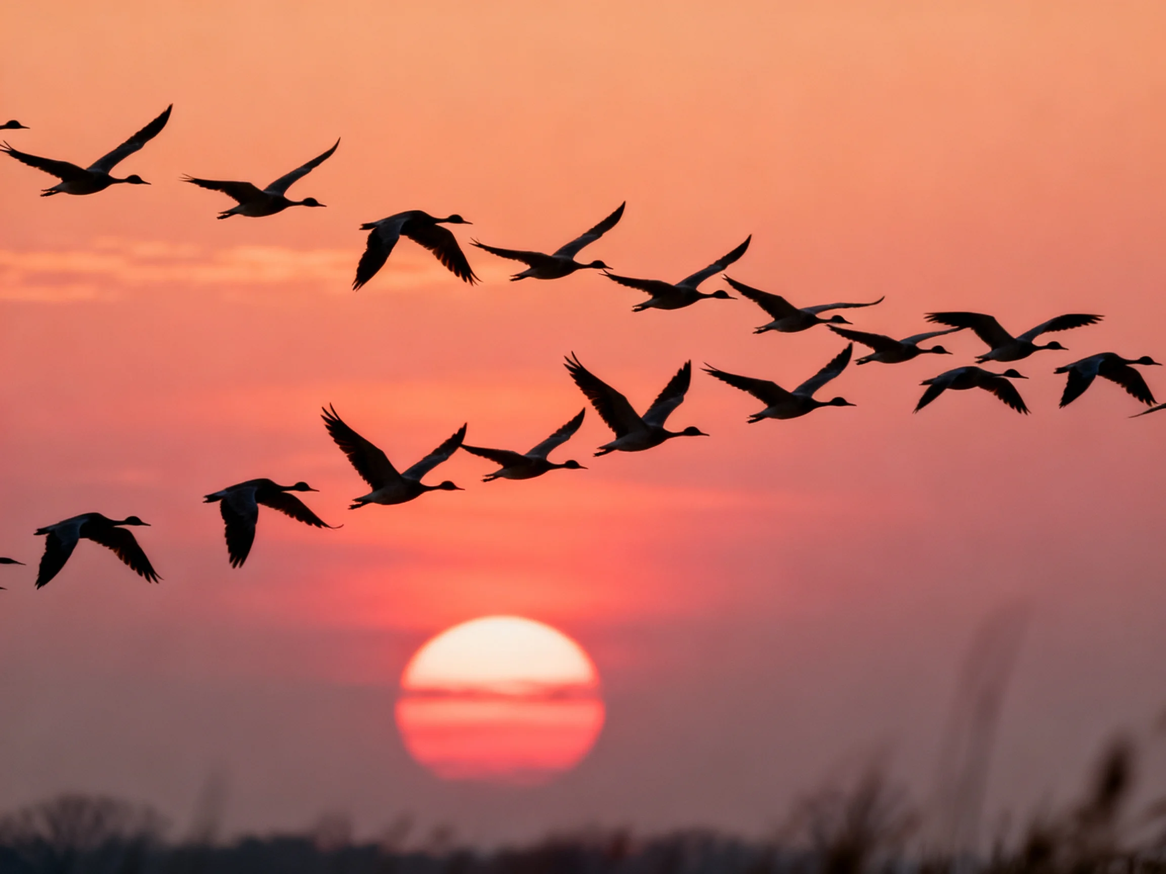 Silhouetted flock of birds flying across a vibrant orange-pink sunset sky
