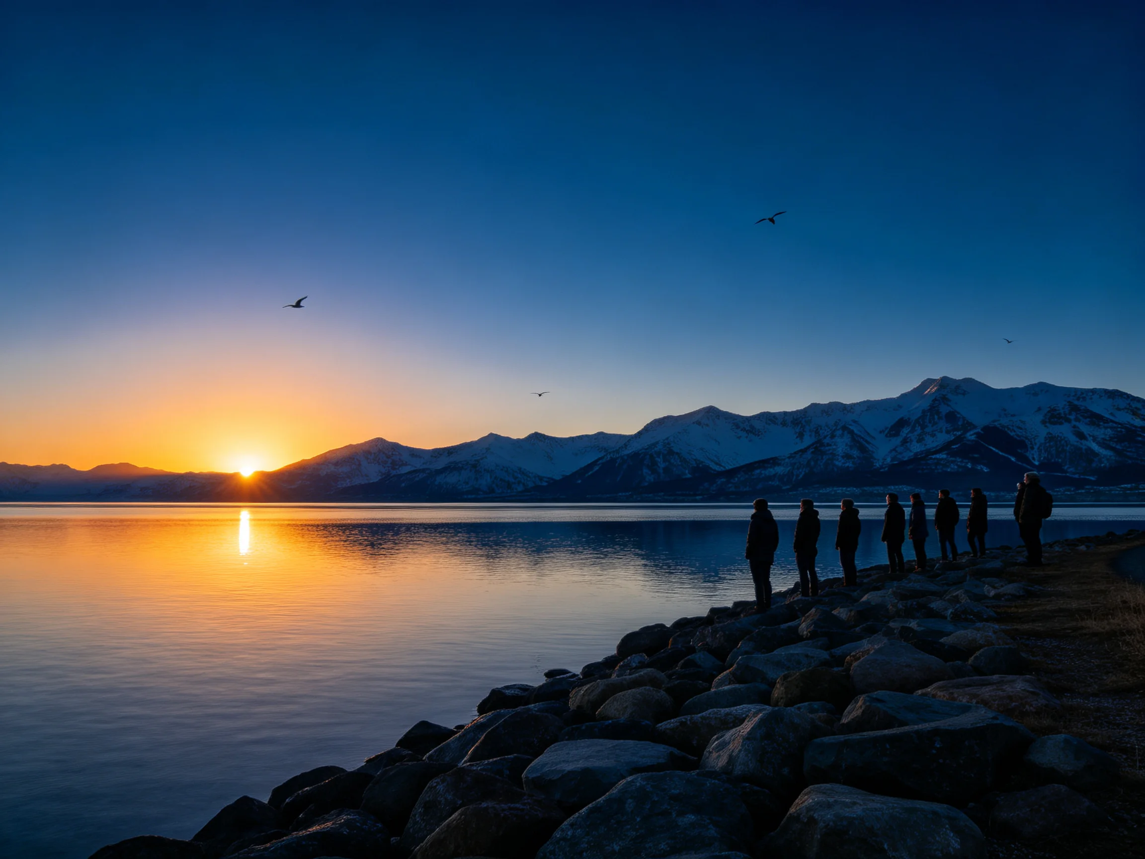 Silhouetted group views sunrise over calm lake by rocky shoreline