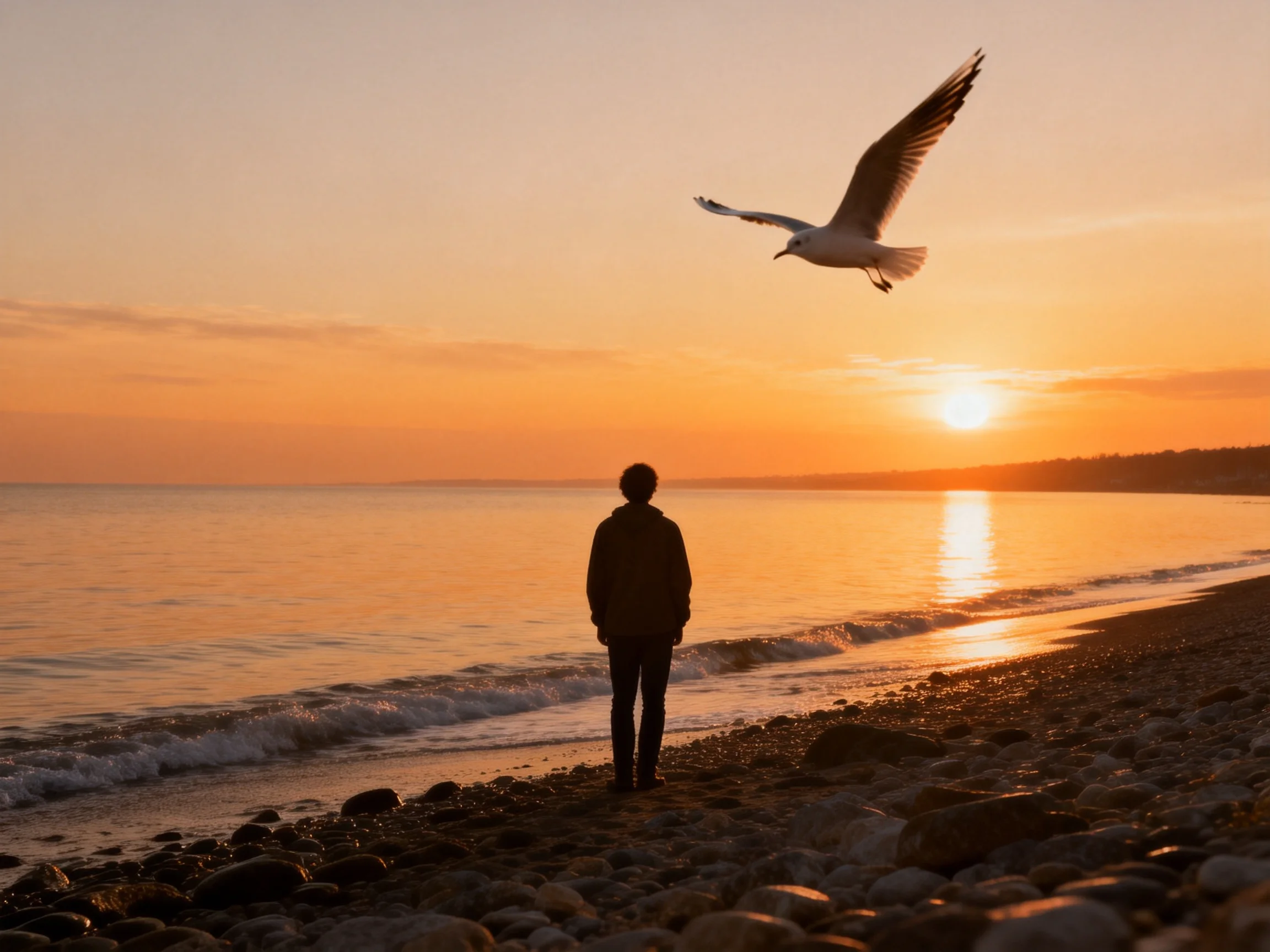 Silhouetted person on rocky shore at sunset with seagull flying