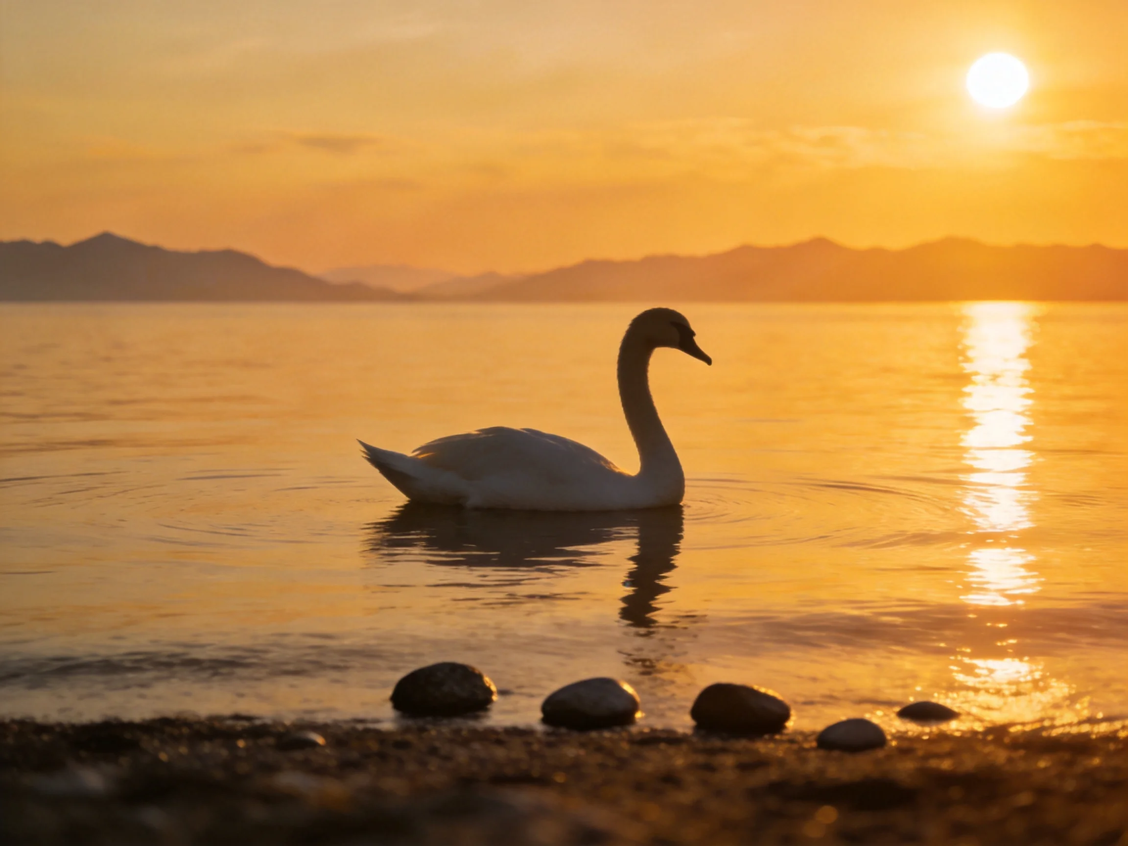 Silhouetted swan swims in golden-hued lake at sunset