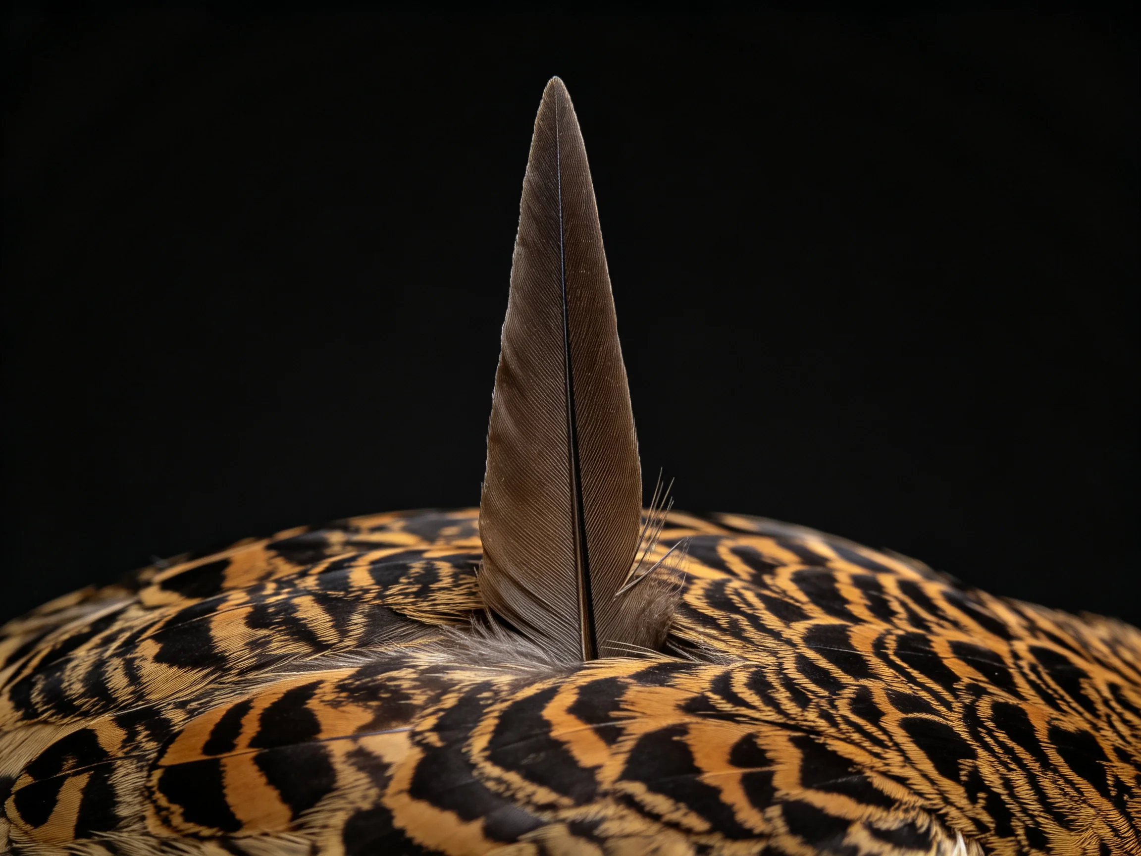 Single brown feather emerges from bold-patterned