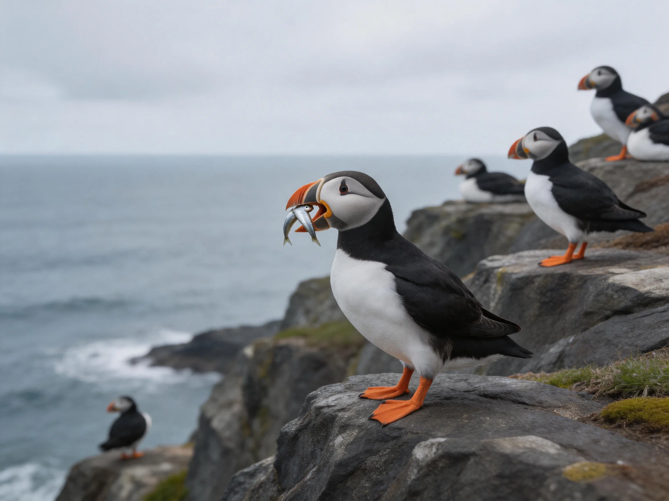 Six Puffins with Orange Feet on Dark Cliffs by Gray Ocean