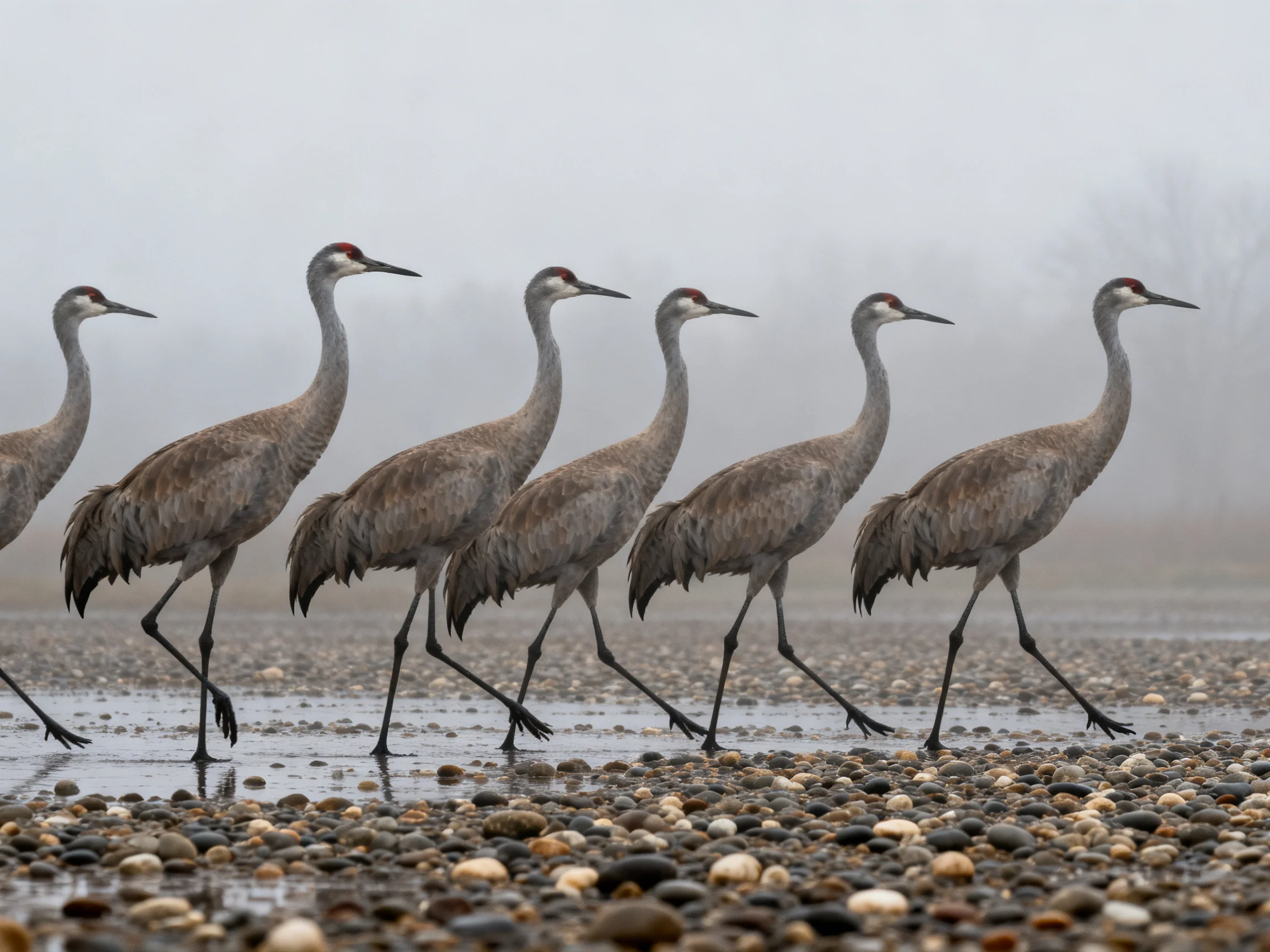 Six Sandhill Cranes Marching Across Pebbled Wetland Under Misty Sky