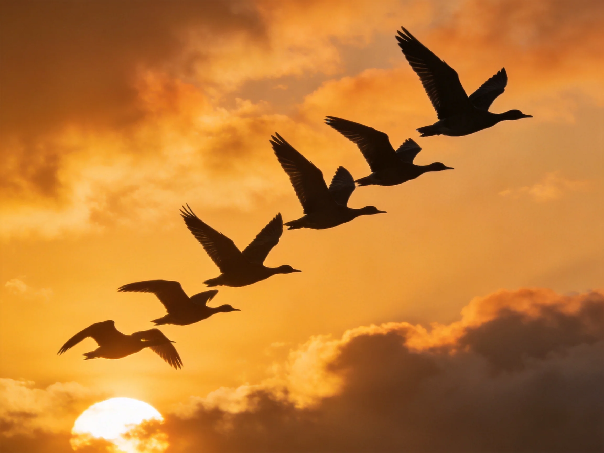 Six Silhouetted Birds Flying in Formation Under a Golden Sunset