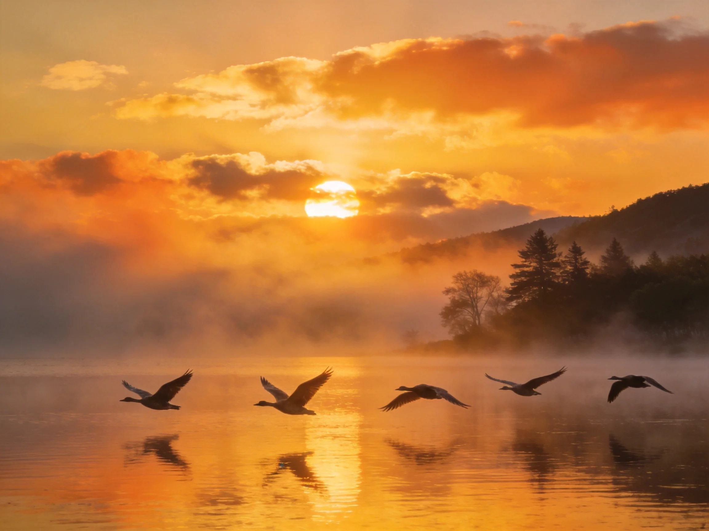 Six birds fly over misty lake at golden sunrise