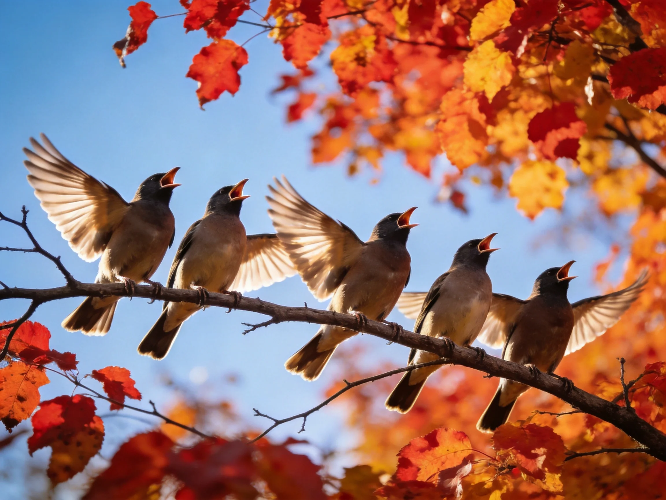 Six birds perched on a branch amid vibrant fall foliage