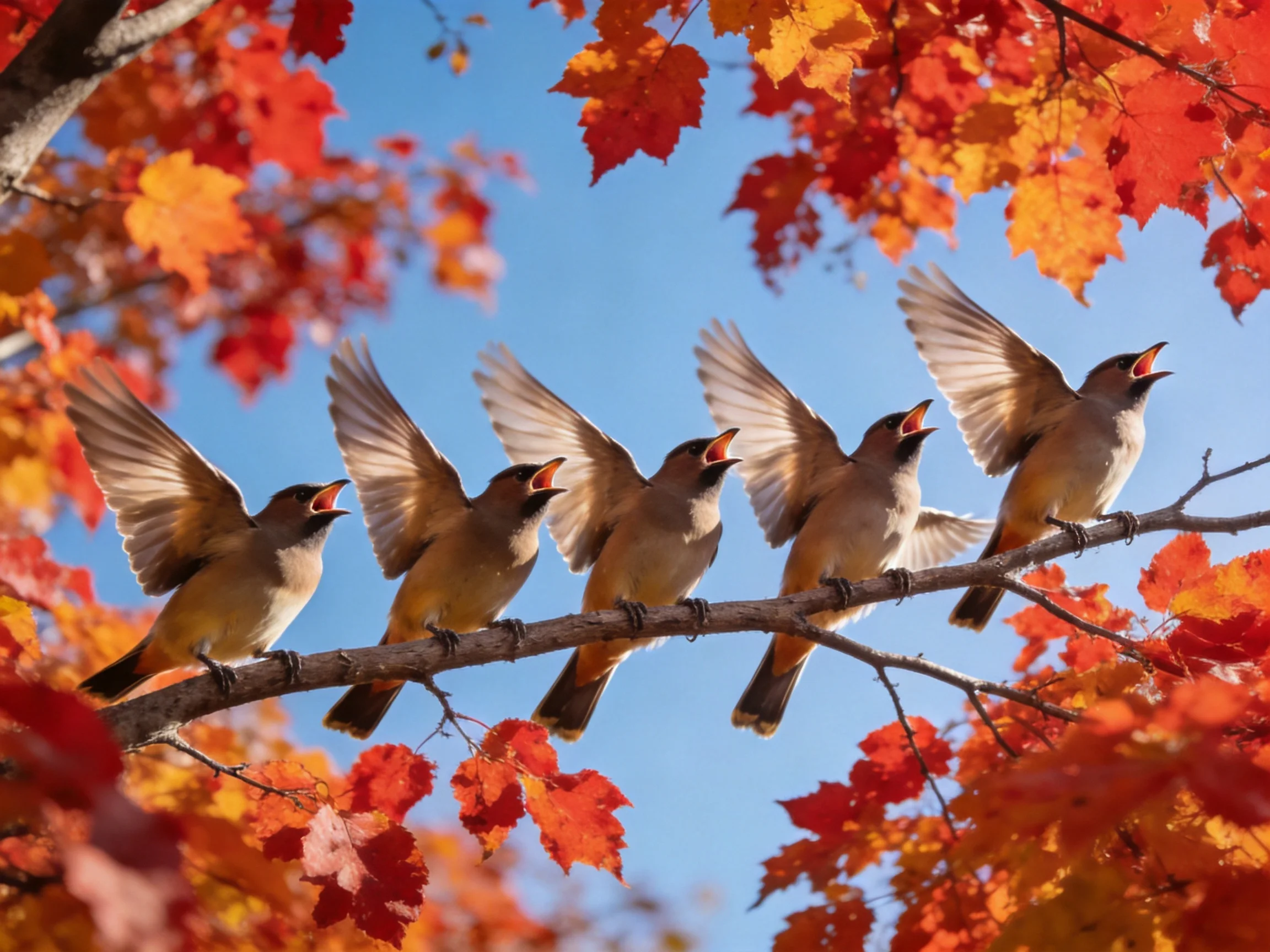 Six birds with open beaks amid colorful fall leaves