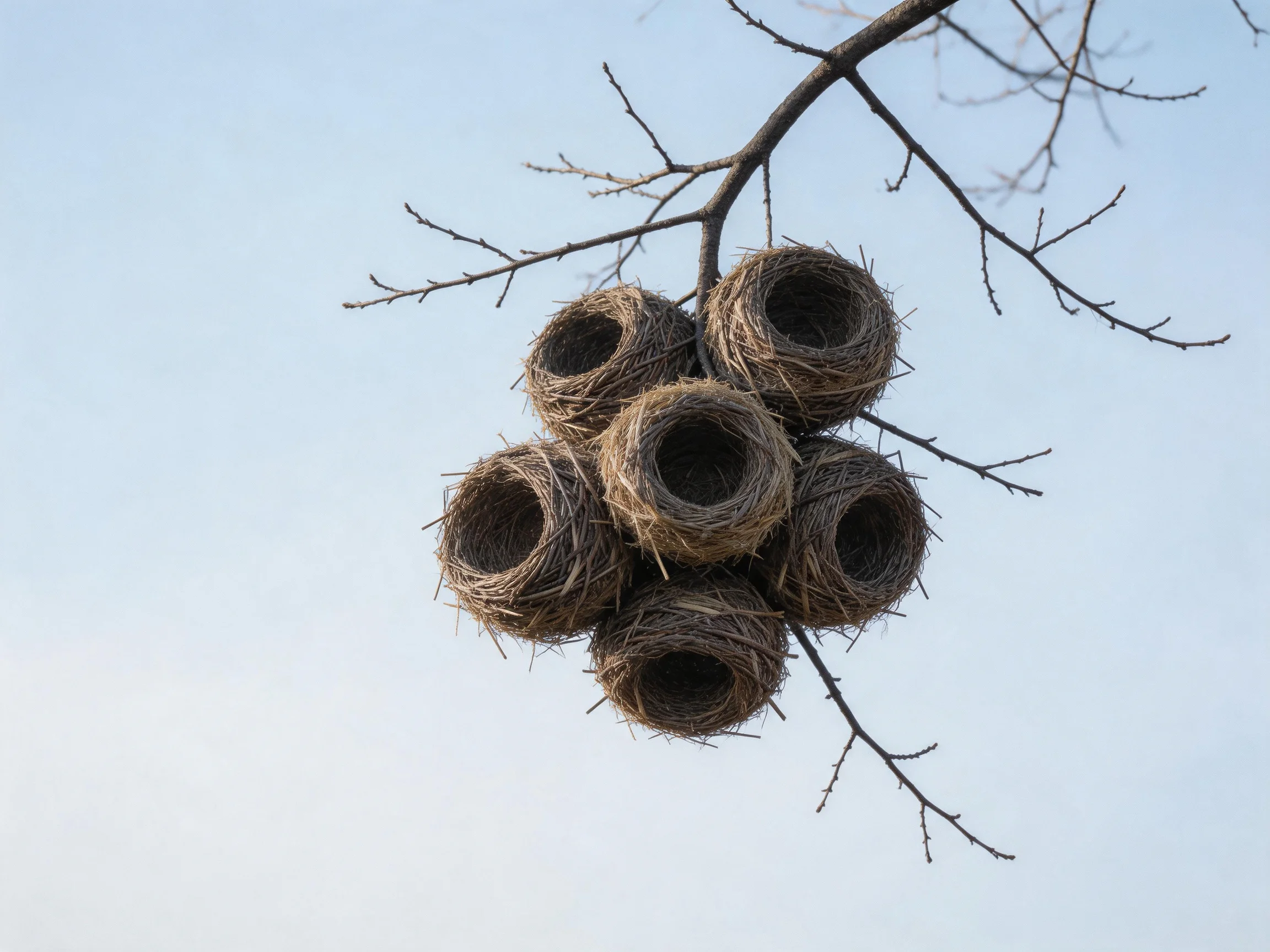 Six brown bird nests cluster together on a bare tree branch against a clear sky.
