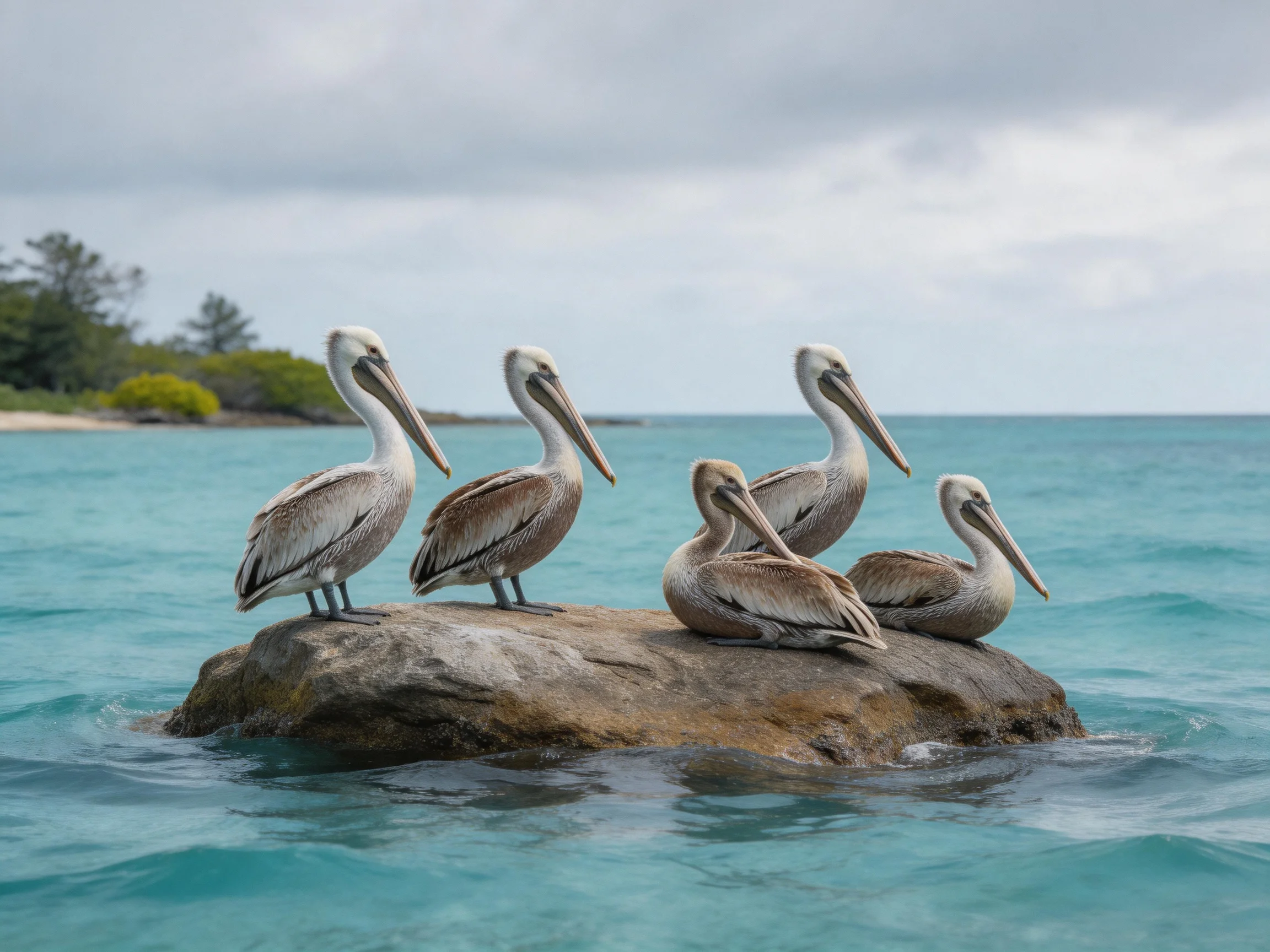 Six brown pelicans rest on a rocky outcrop in turquoise waters