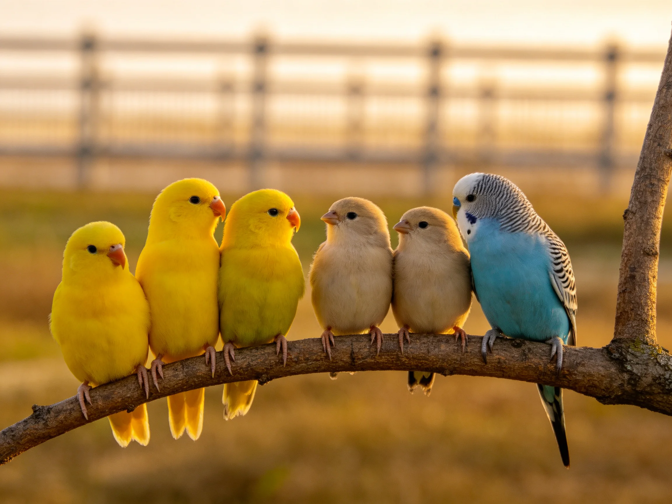 Six colorful birds perched on a tree branch near a wooden fence