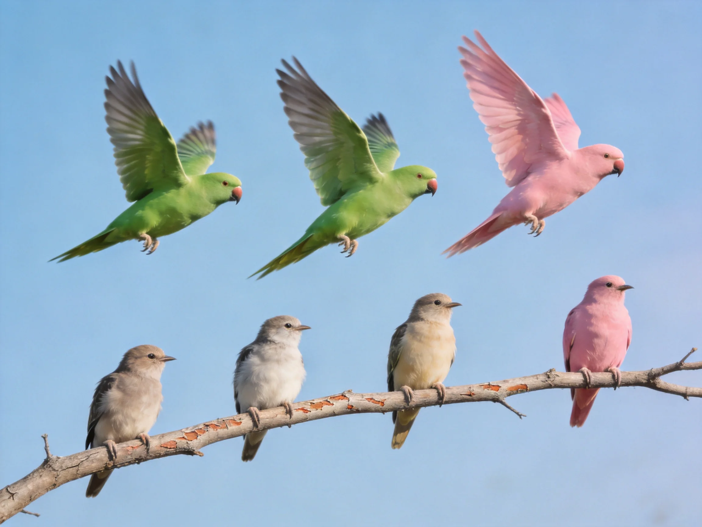 Six colorful birds, some flying, some perched on a branch against blue sky
