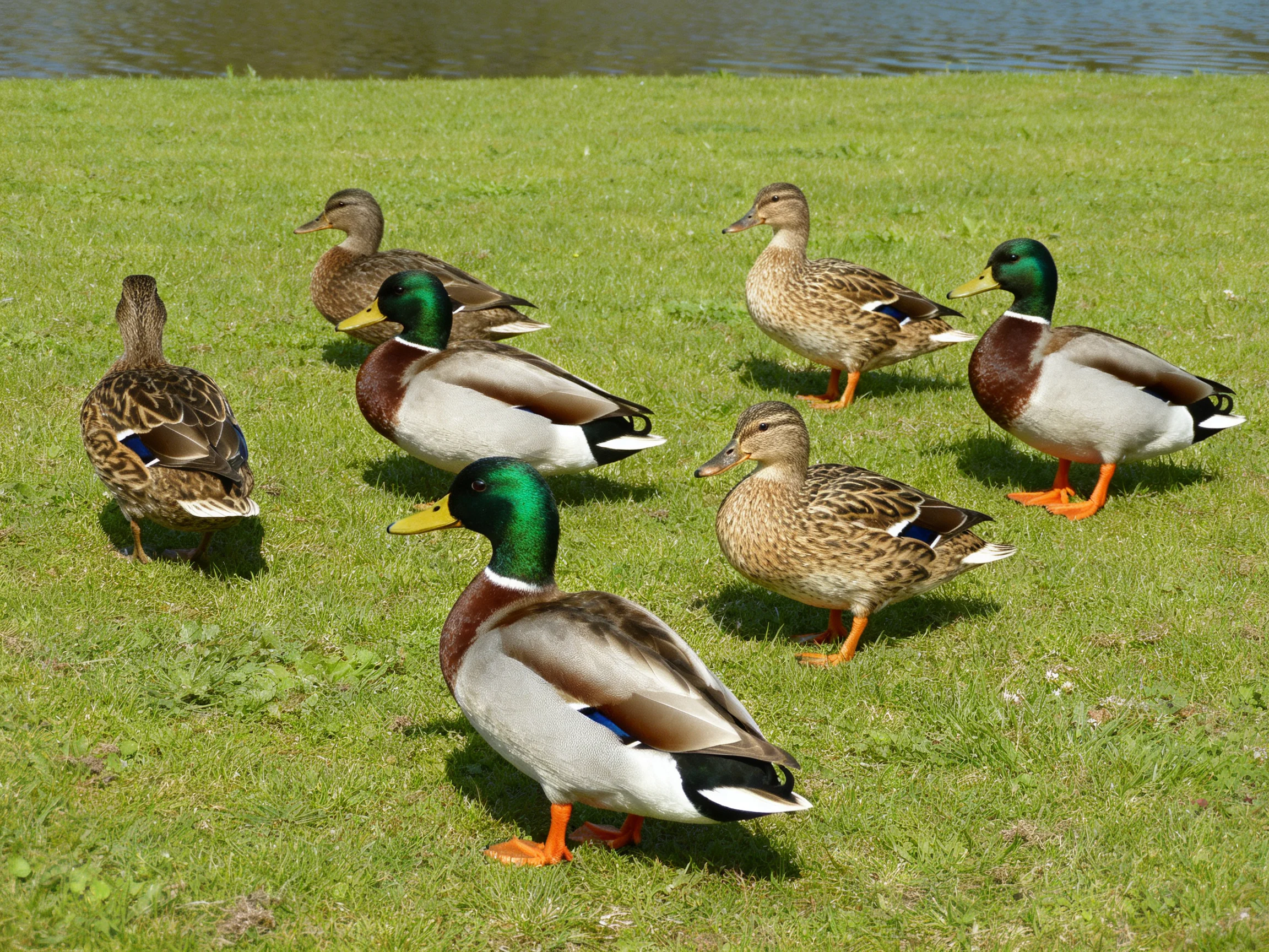 Six ducks of mixed colors on lush green grass by a body of water