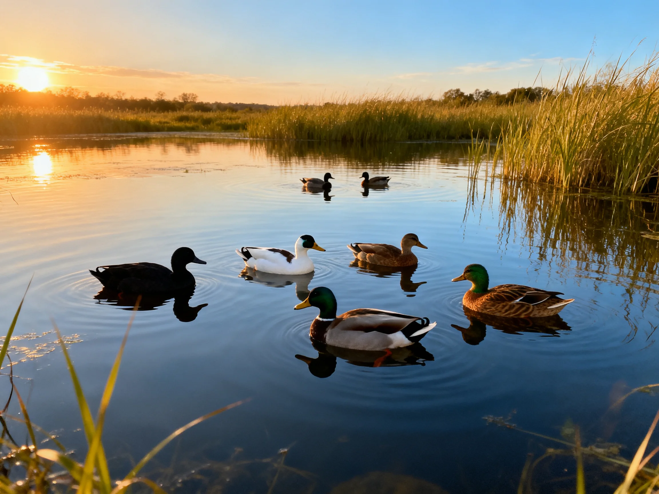 Six ducks swim in golden marsh waters near tall reeds