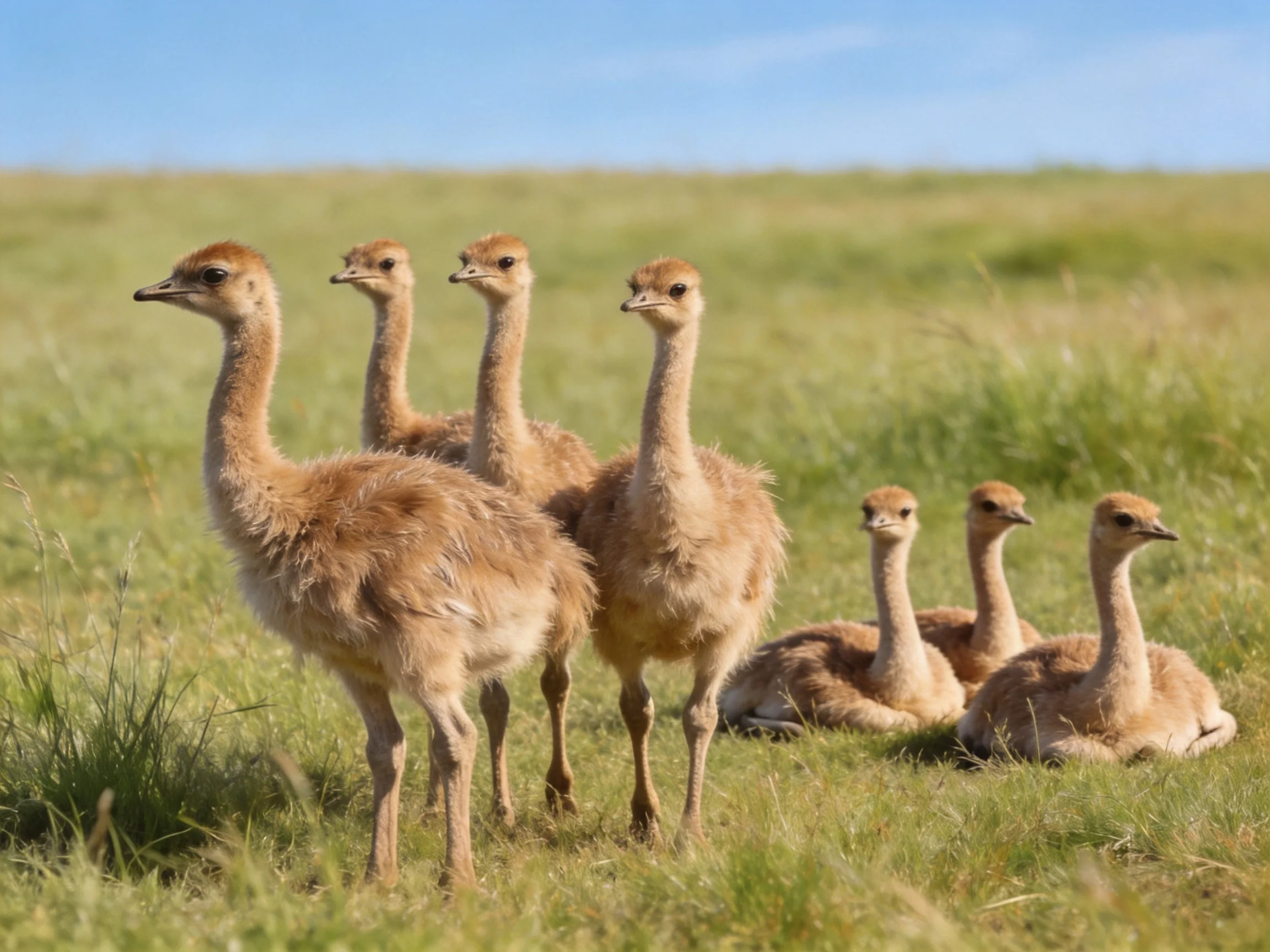 Six fluffy brown chicks gather in a sunny grassland