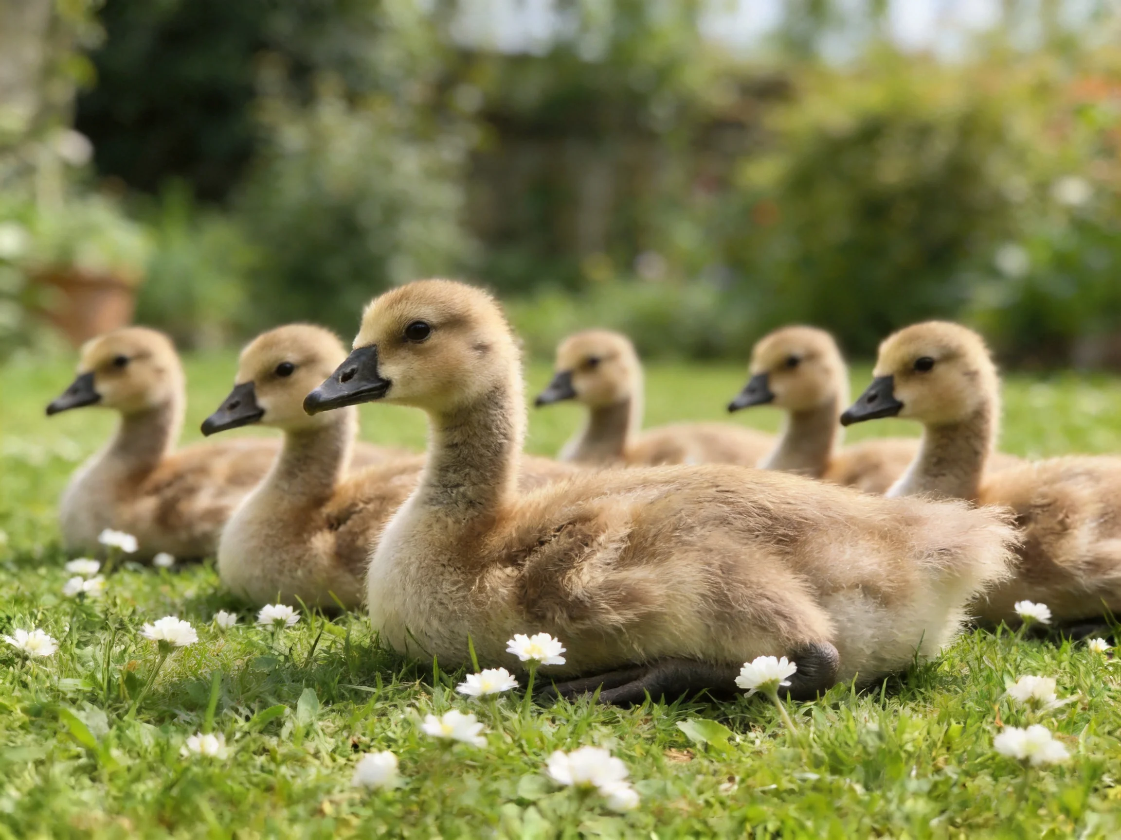 Six fluffy brown ducklings rest on green grass with white flowers