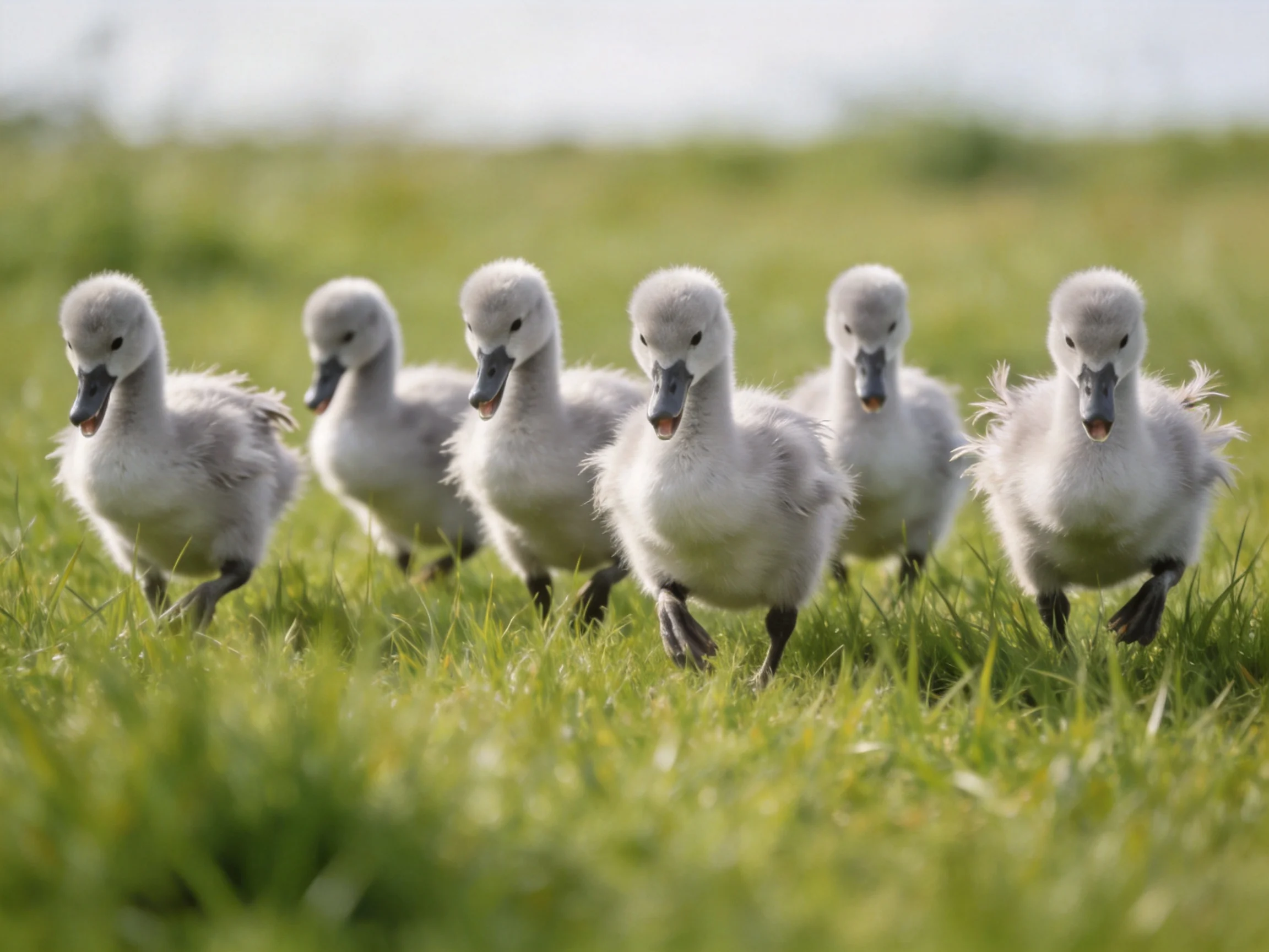 Six fluffy gray swan cygnets running on green grass