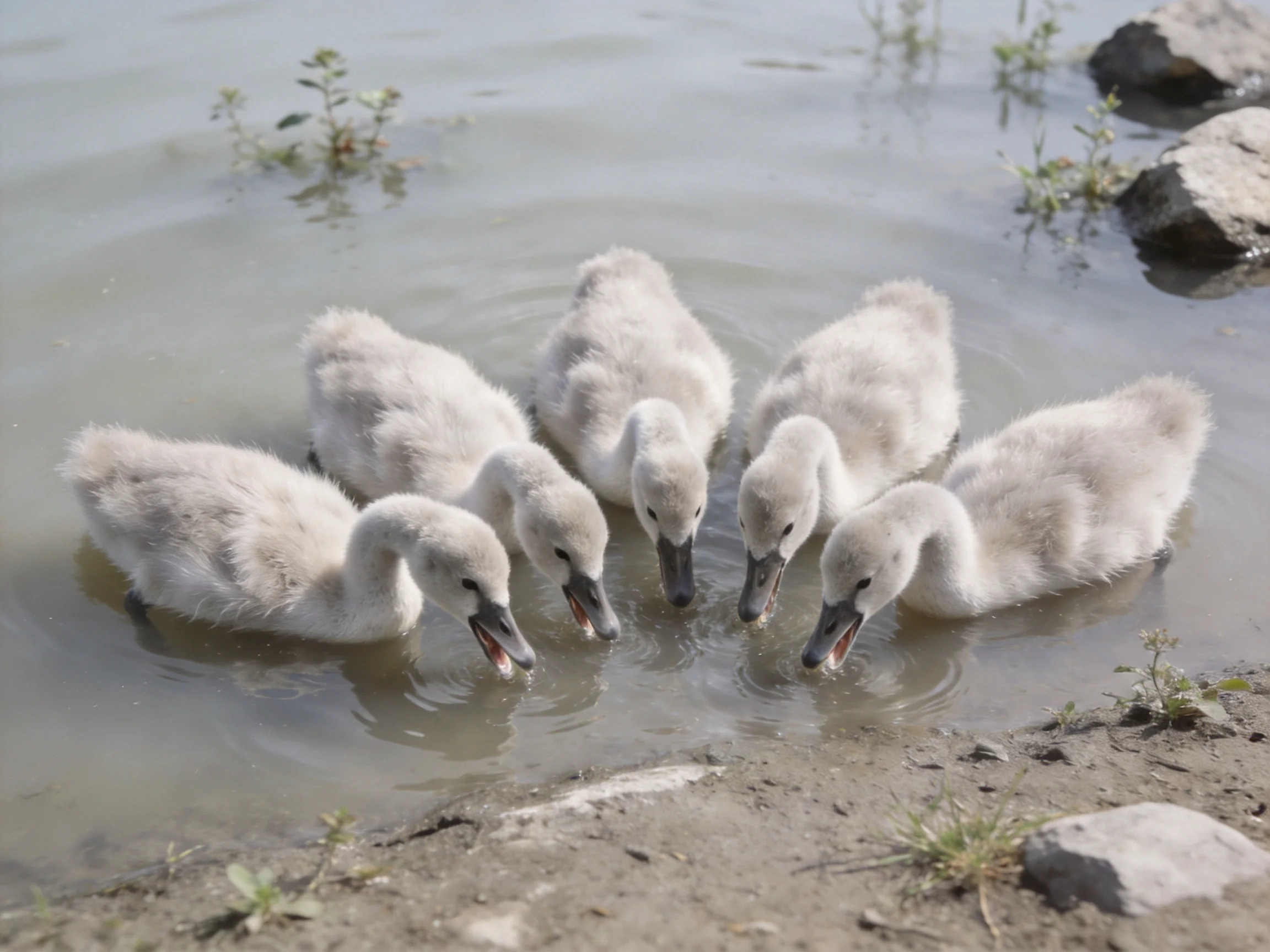 Six fluffy white swan chicks swim in calm water near rocks