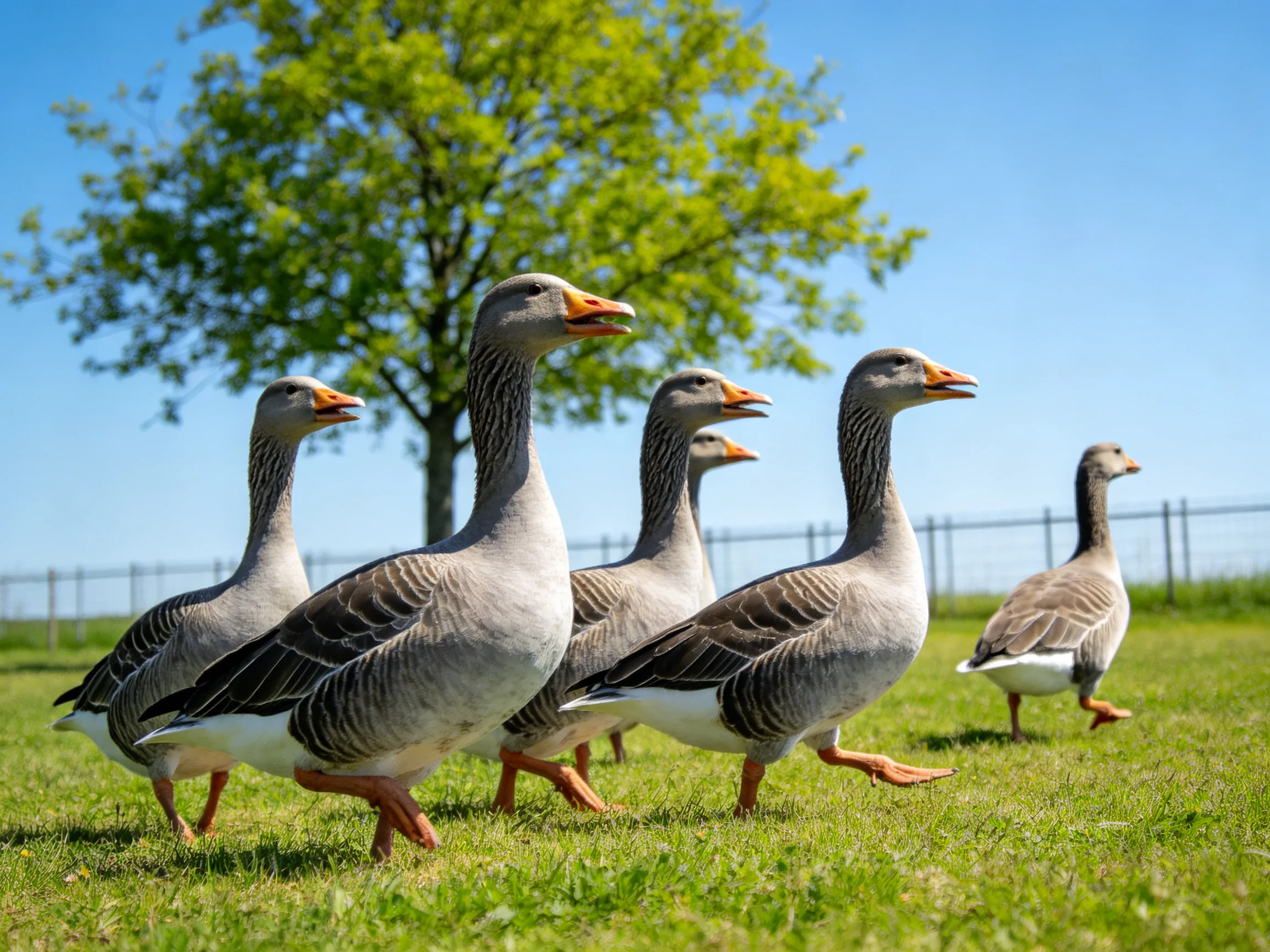 Six gray geese walk on a green meadow with a tree and fence