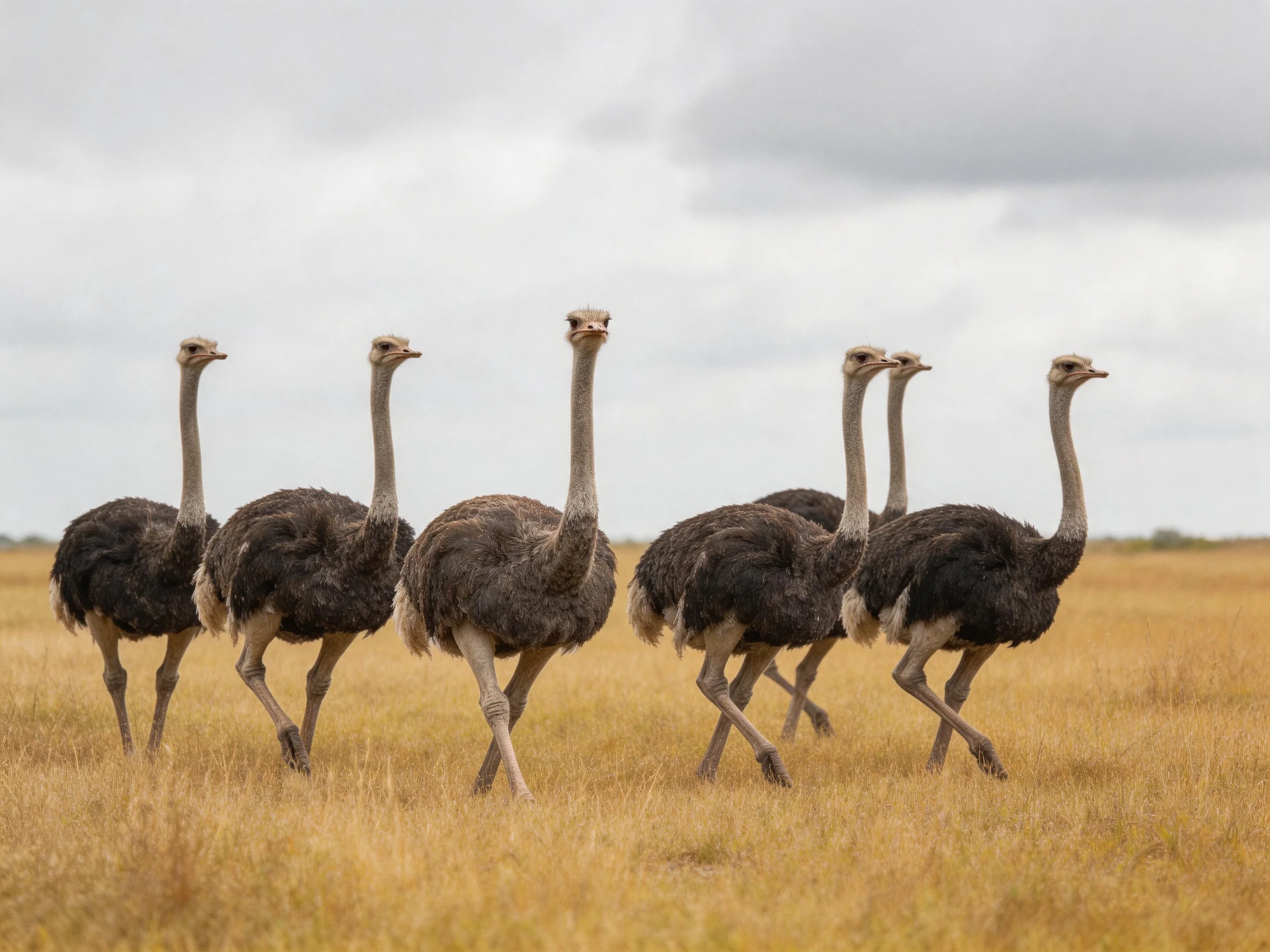 Six ostriches traverse golden savannah under overcast sky