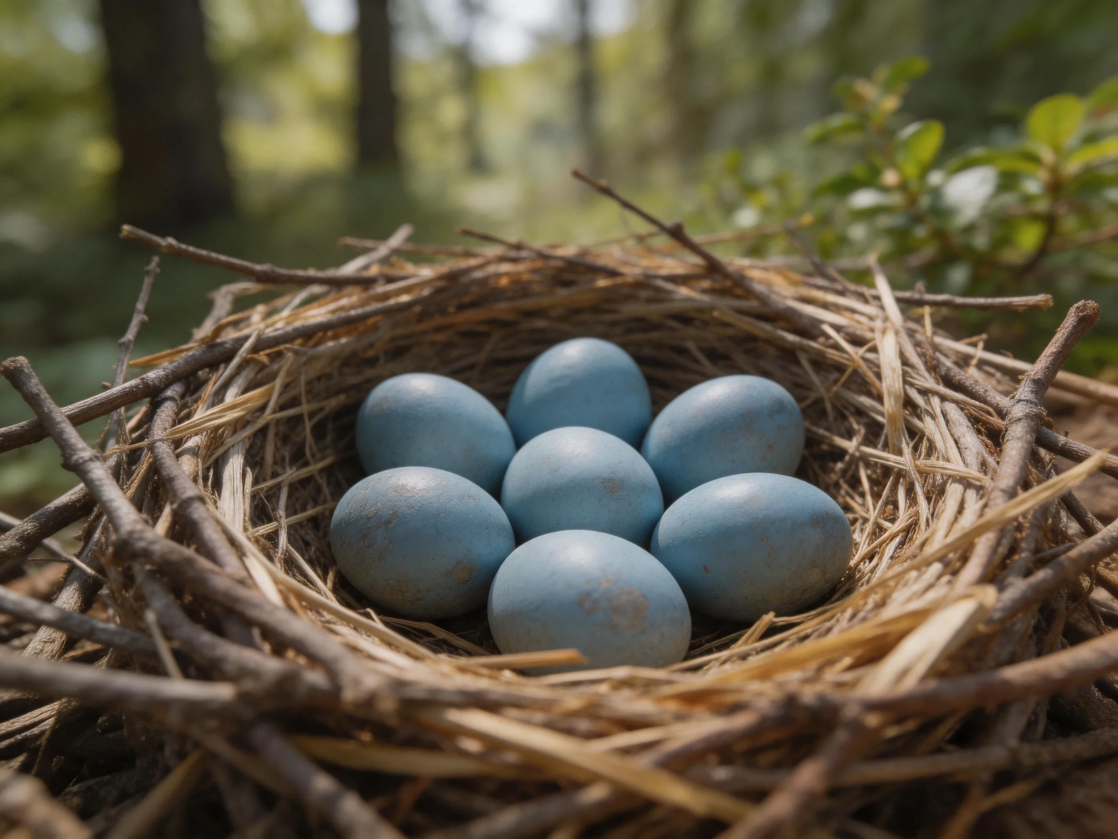 Six pale blue eggs nestled in a twiggy birds nest outdoors