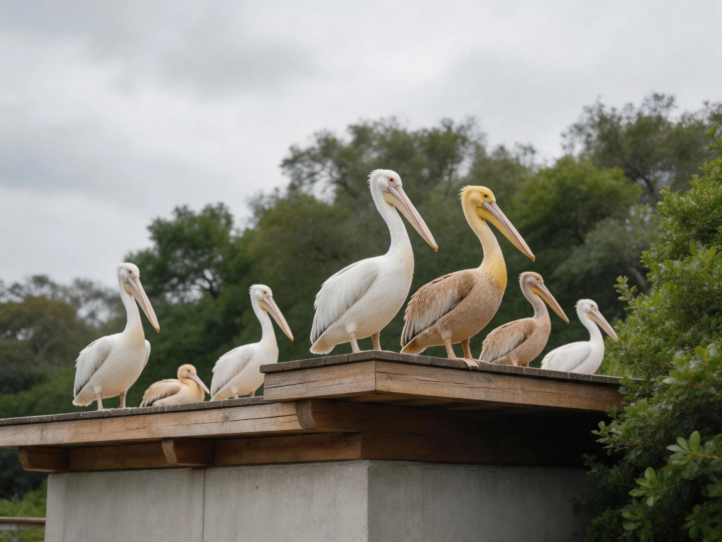 Six pelicans, including chicks, rest on a wooden platform