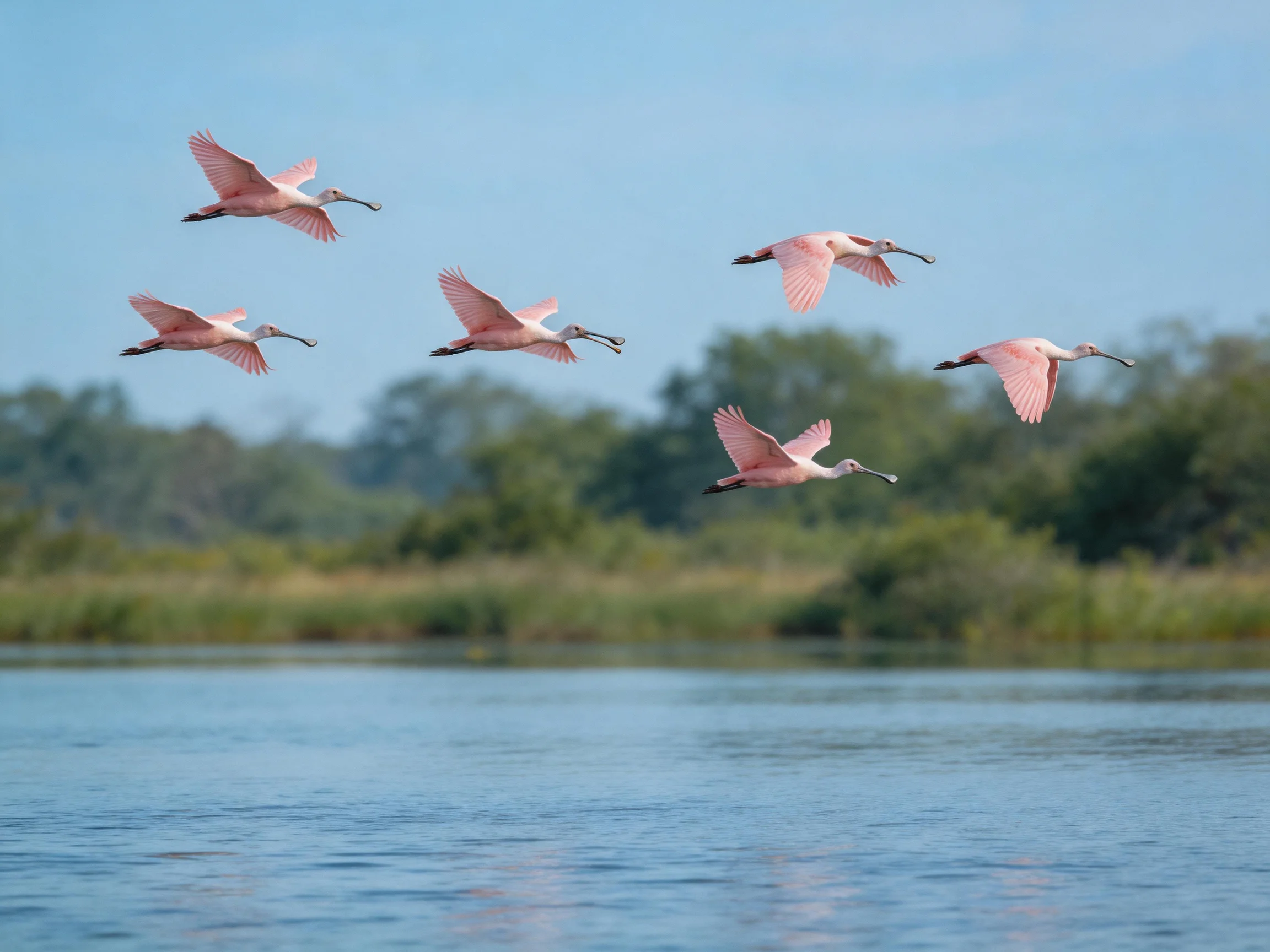 Six pink birds soaring over calm water near green shoreline