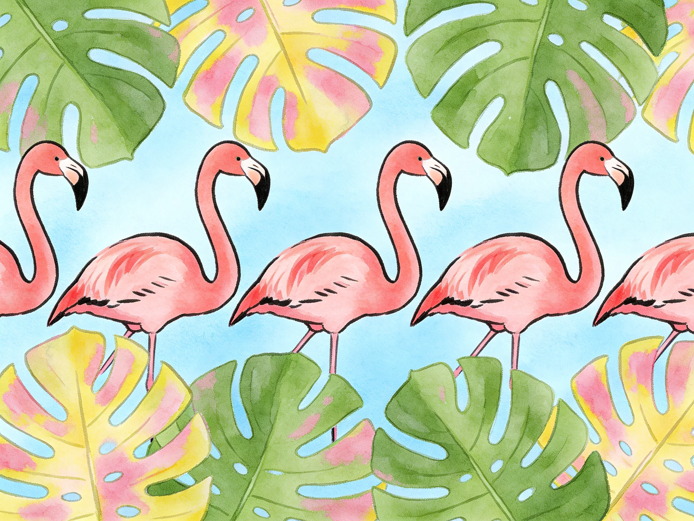 Six pink flamingos among colorful tropical monstera leaves