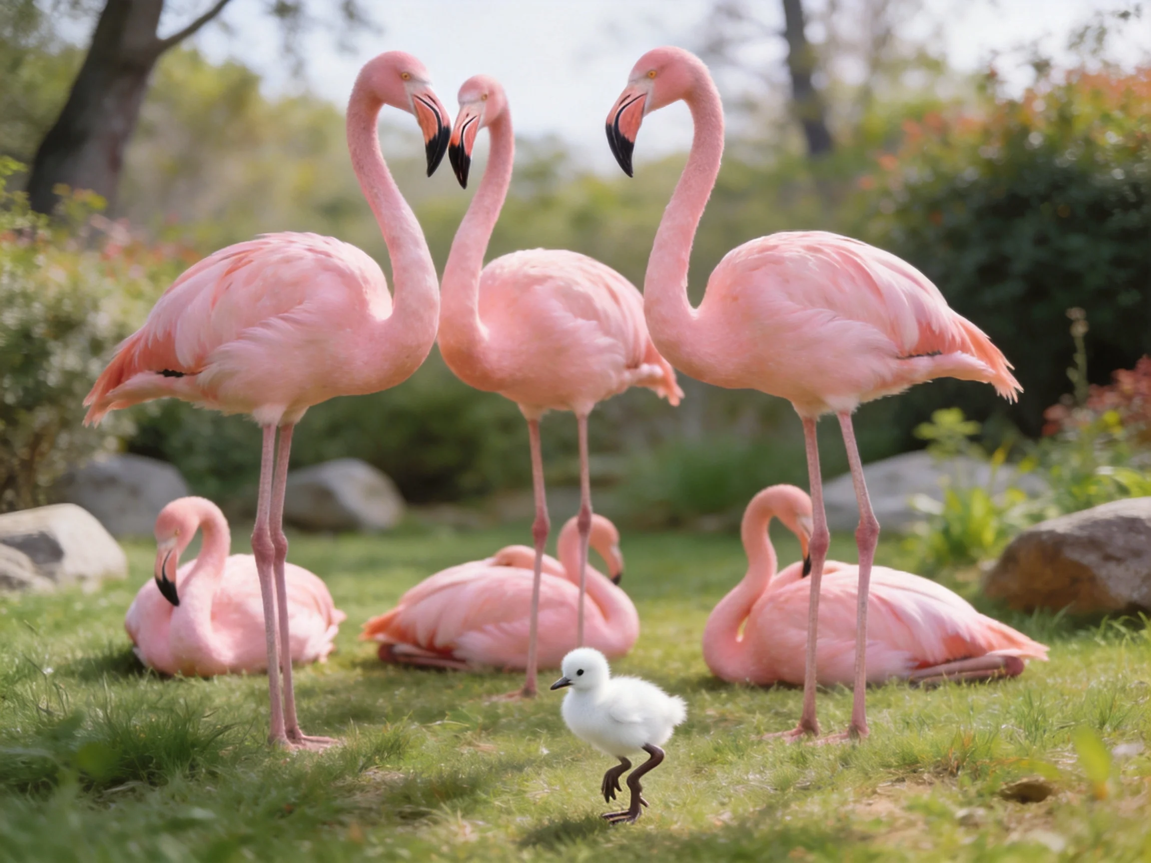 Six pink flamingos and a single white chick in a green habitat