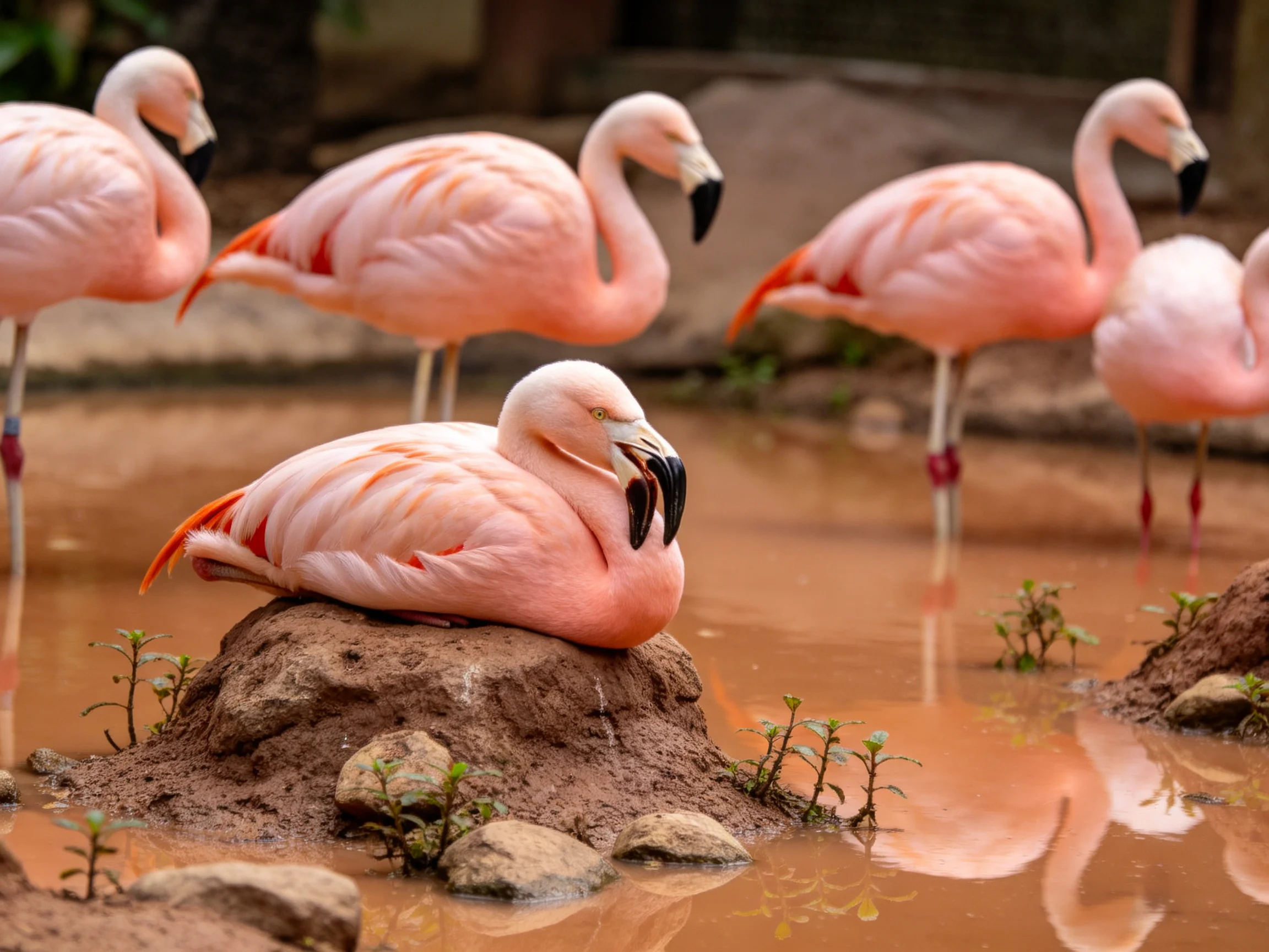 Six pink flamingos in orange-tinted water enclosure