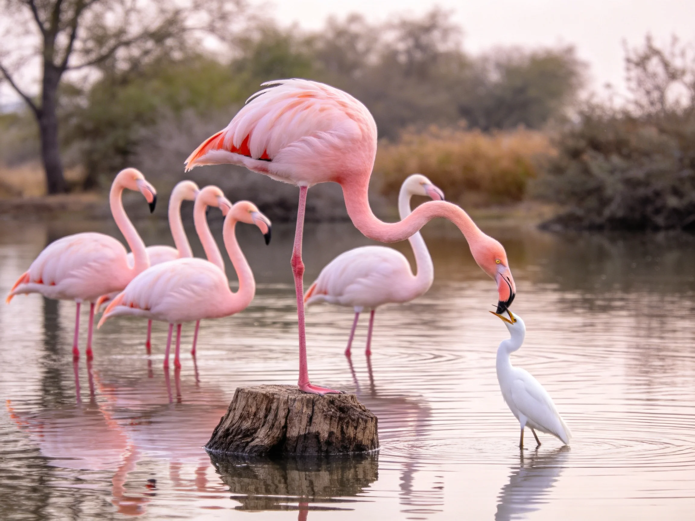 Six pink flamingos near a white egret by a wooden stump