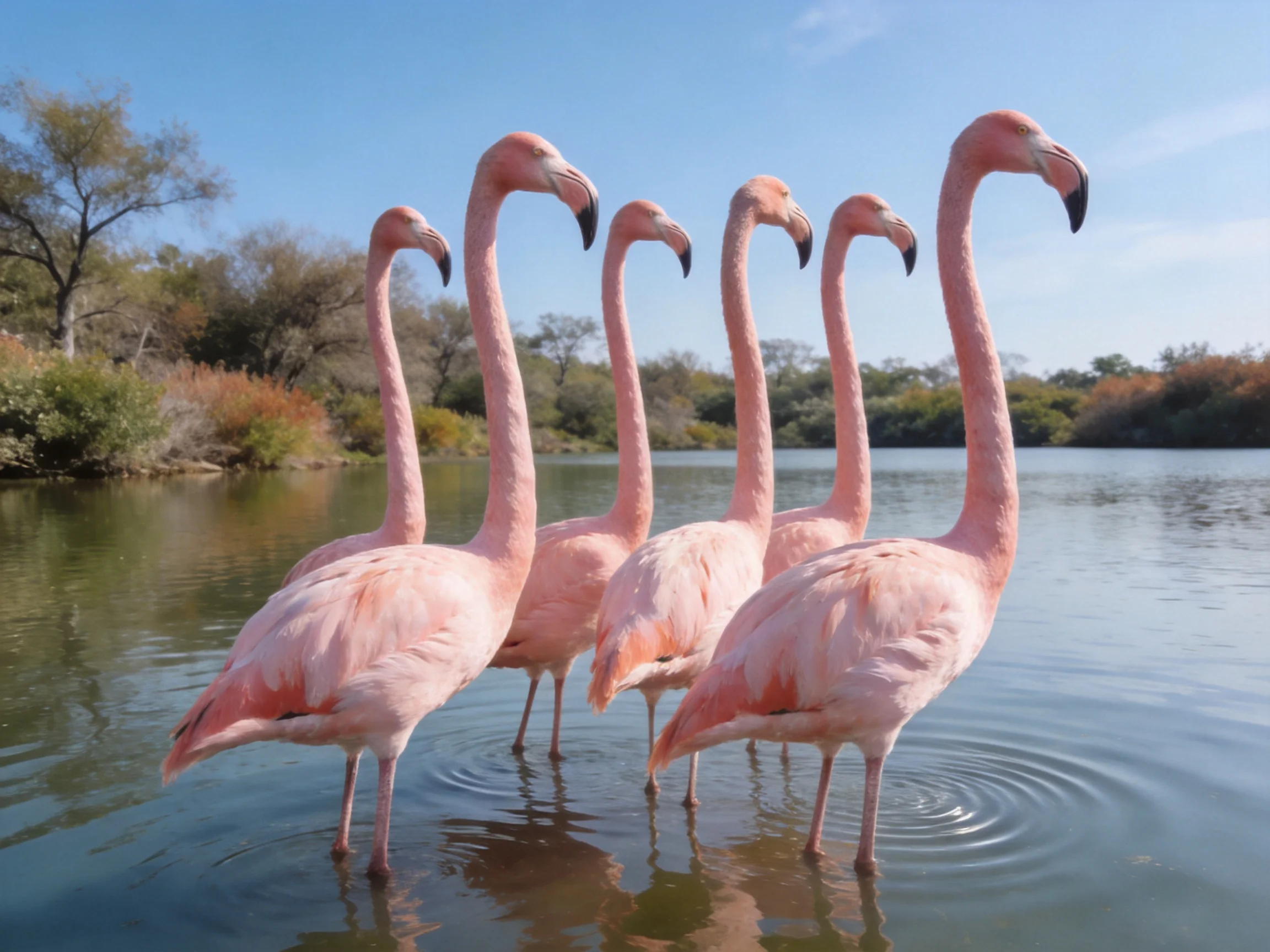 Six pink flamingos standing in shallow water near lush vegetation