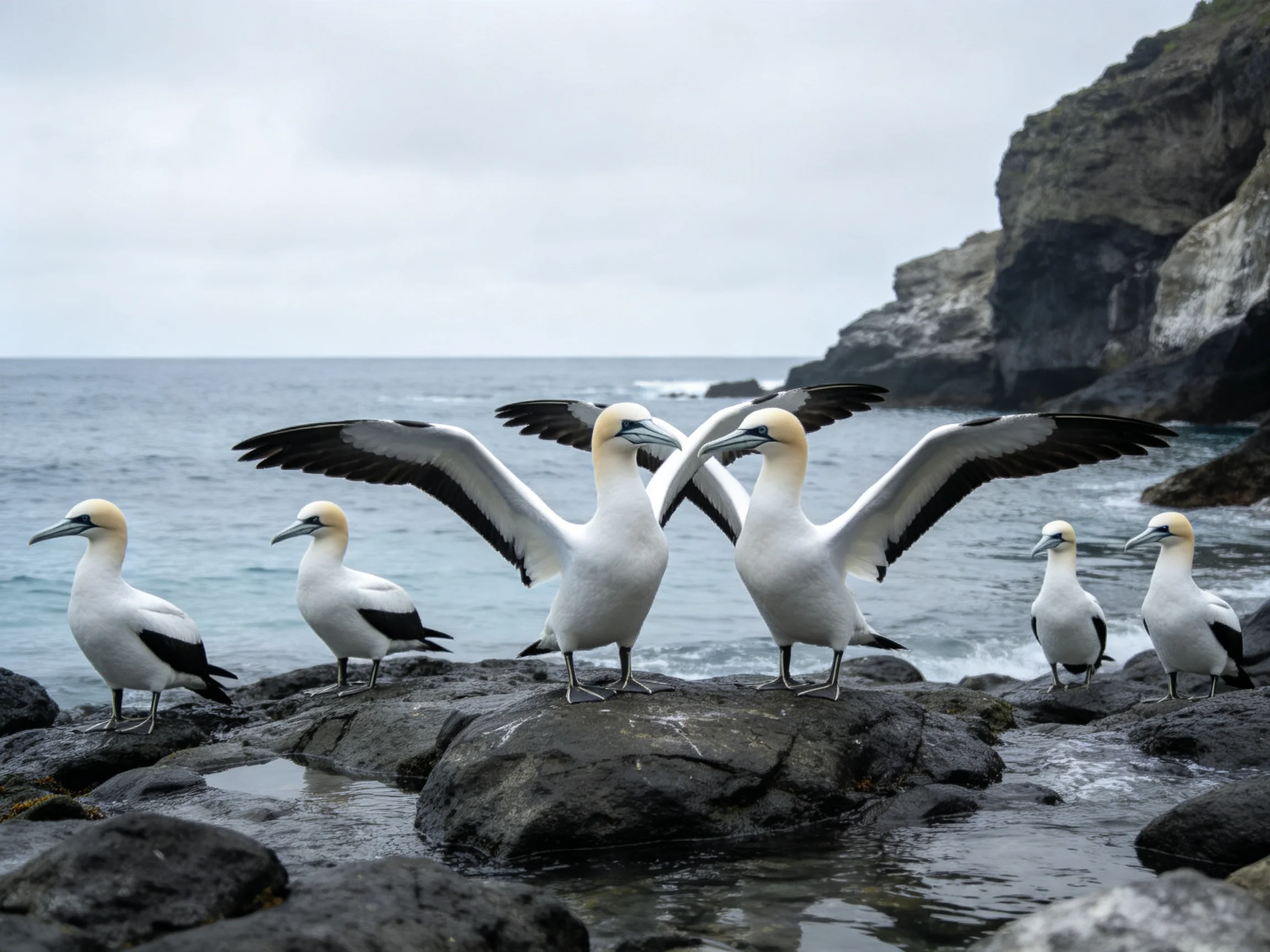 Six seabirds with white plumage gather on rocky shoreline by the ocean