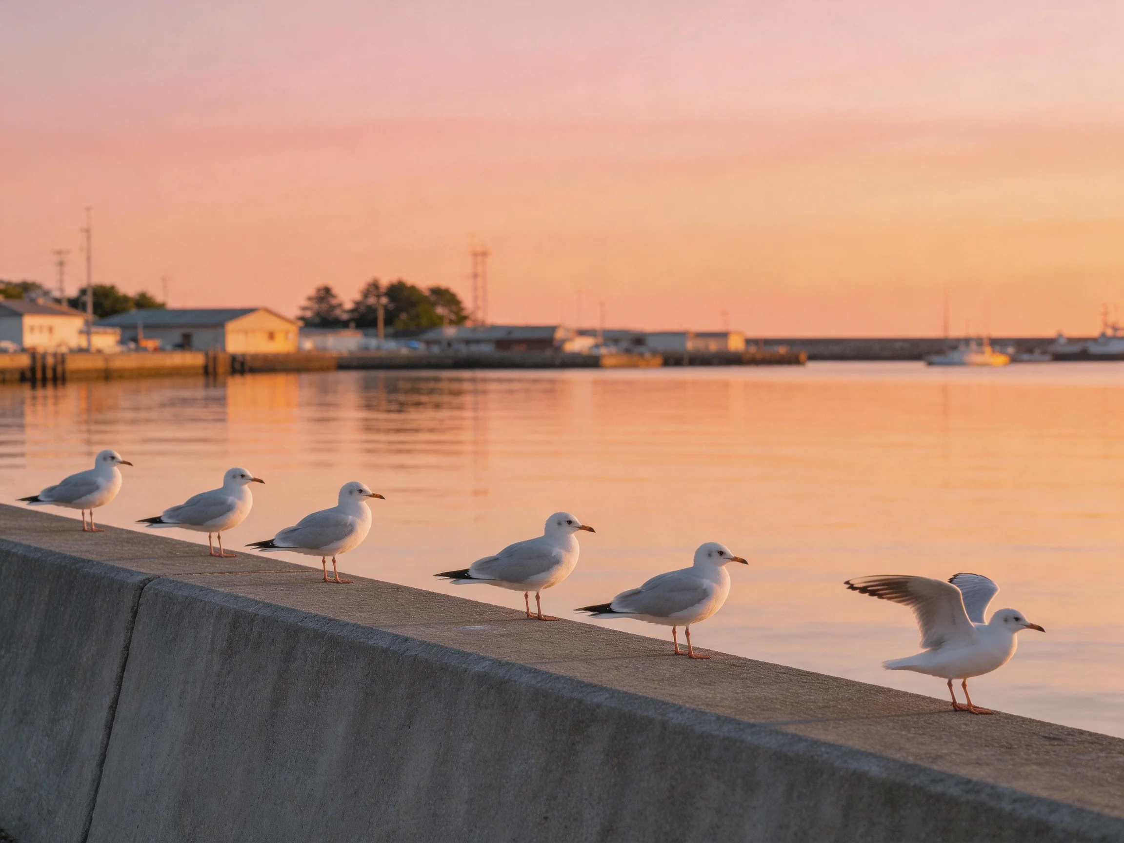 Six seagulls gather on a concrete seawall beside a calm waterfront at sunset