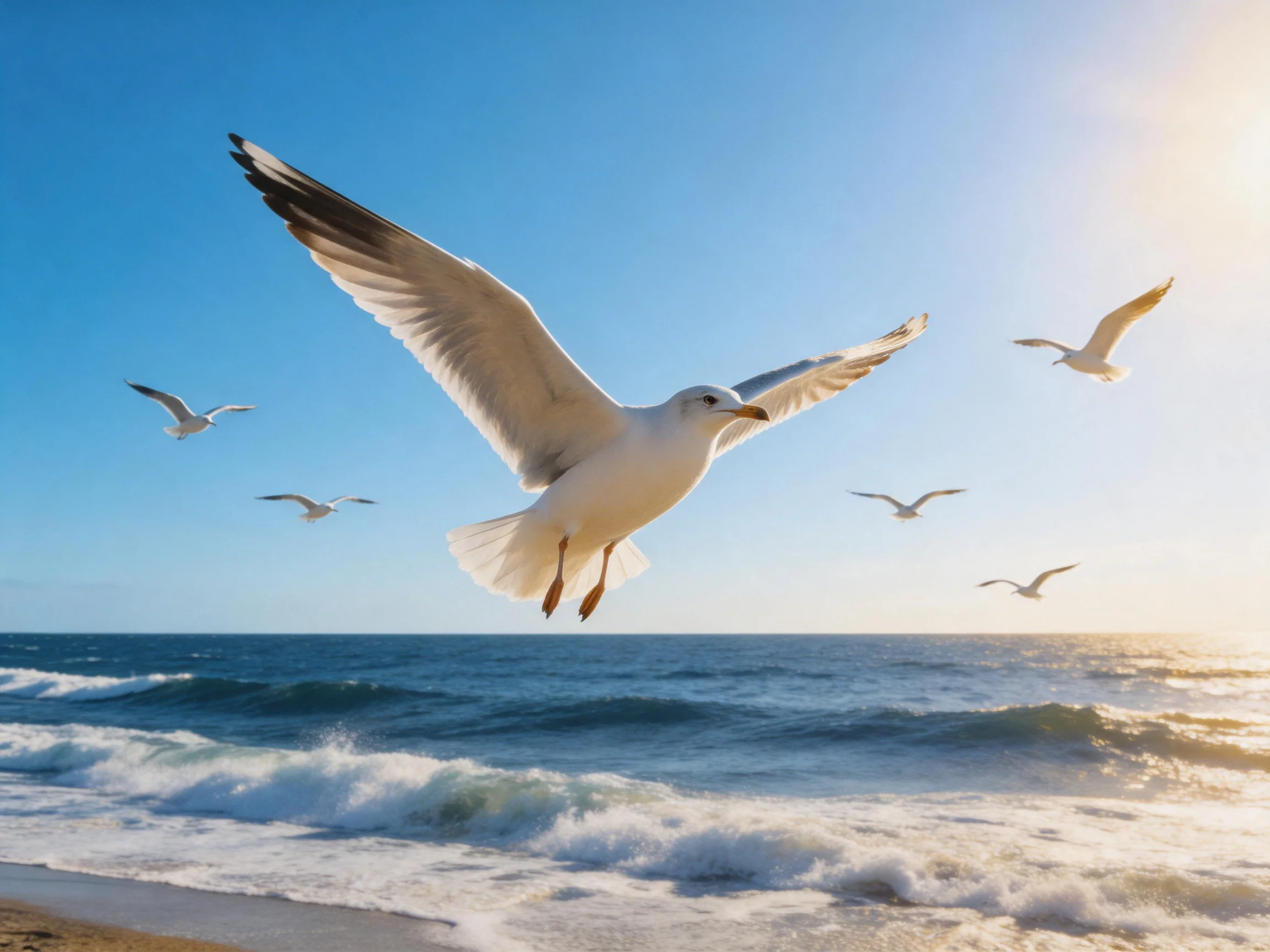 Six seagulls soar over a sunny beach with turquoise waves