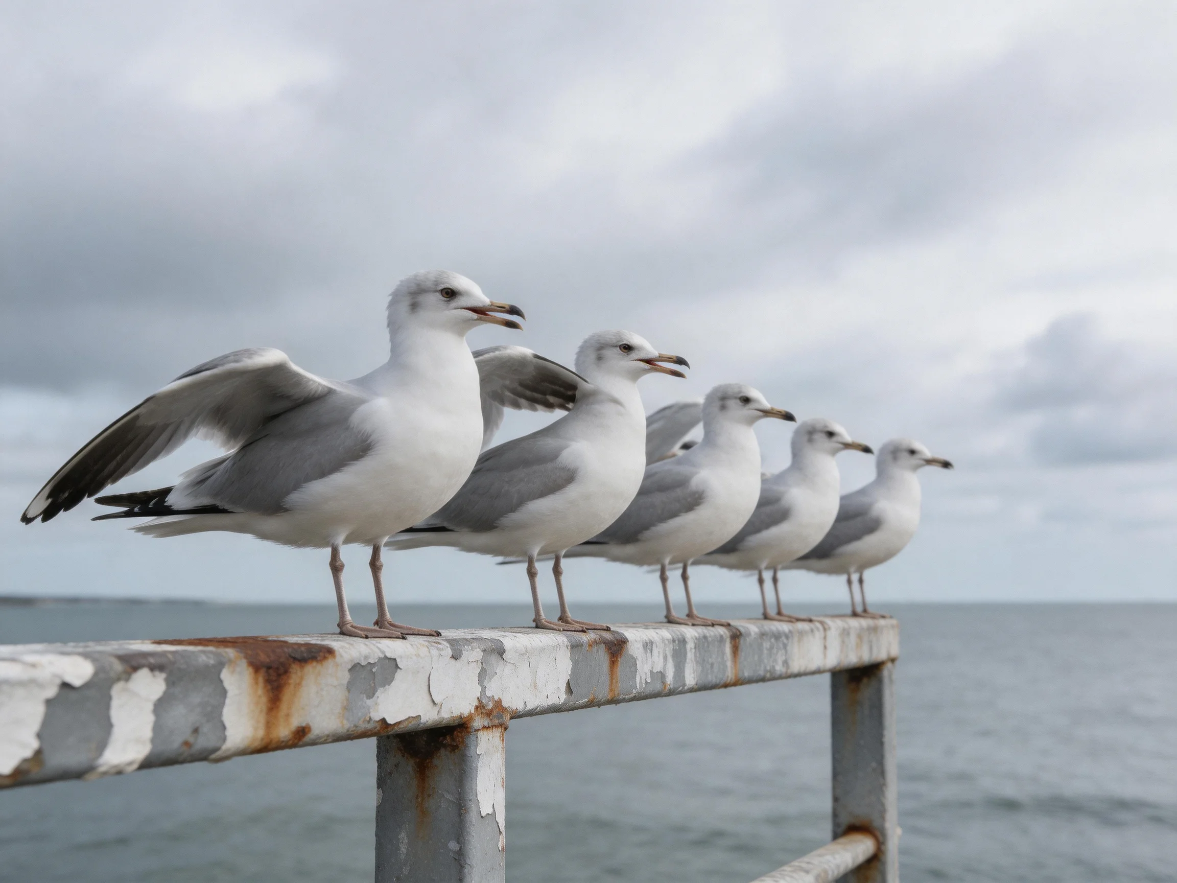 Six seagulls stand in a row on a weathered railing by the sea