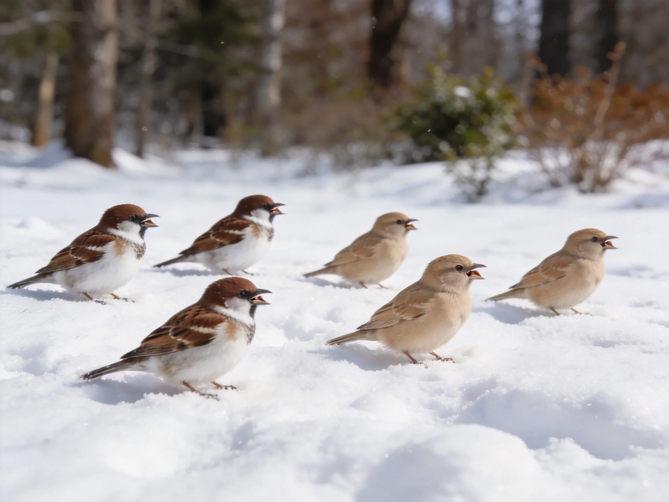 Six sparrows, brown and beige, gather on snowy ground near trees