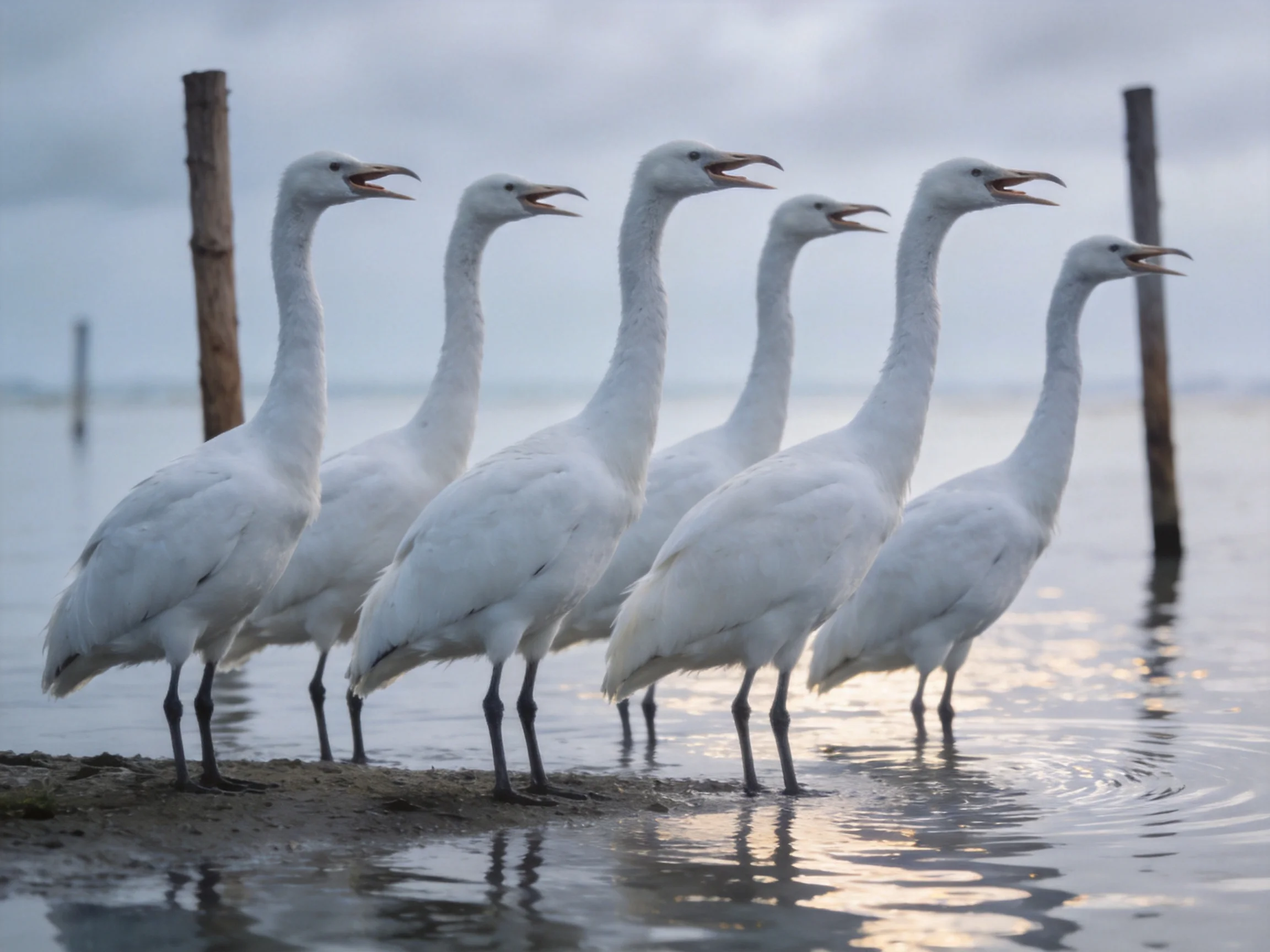 Six white birds standing in shallow water near wooden posts