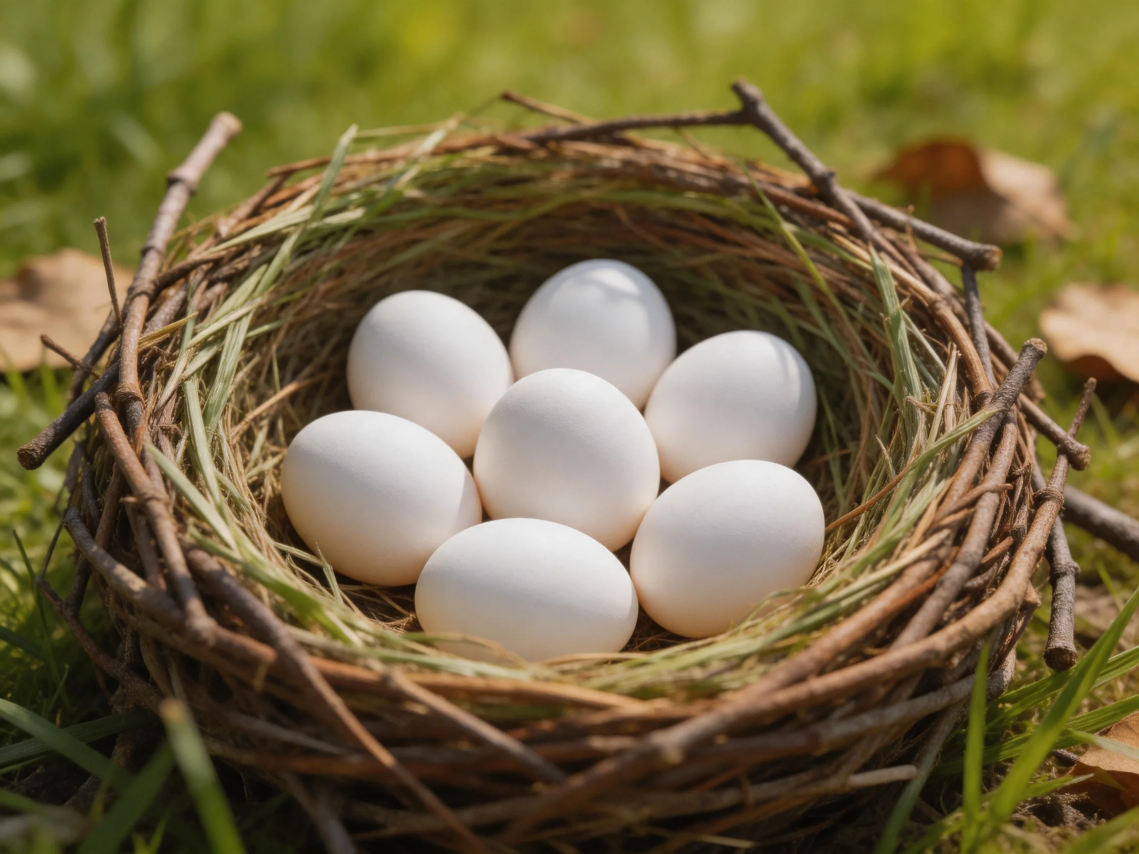 Six white eggs in a twig-straw bird nest on grass