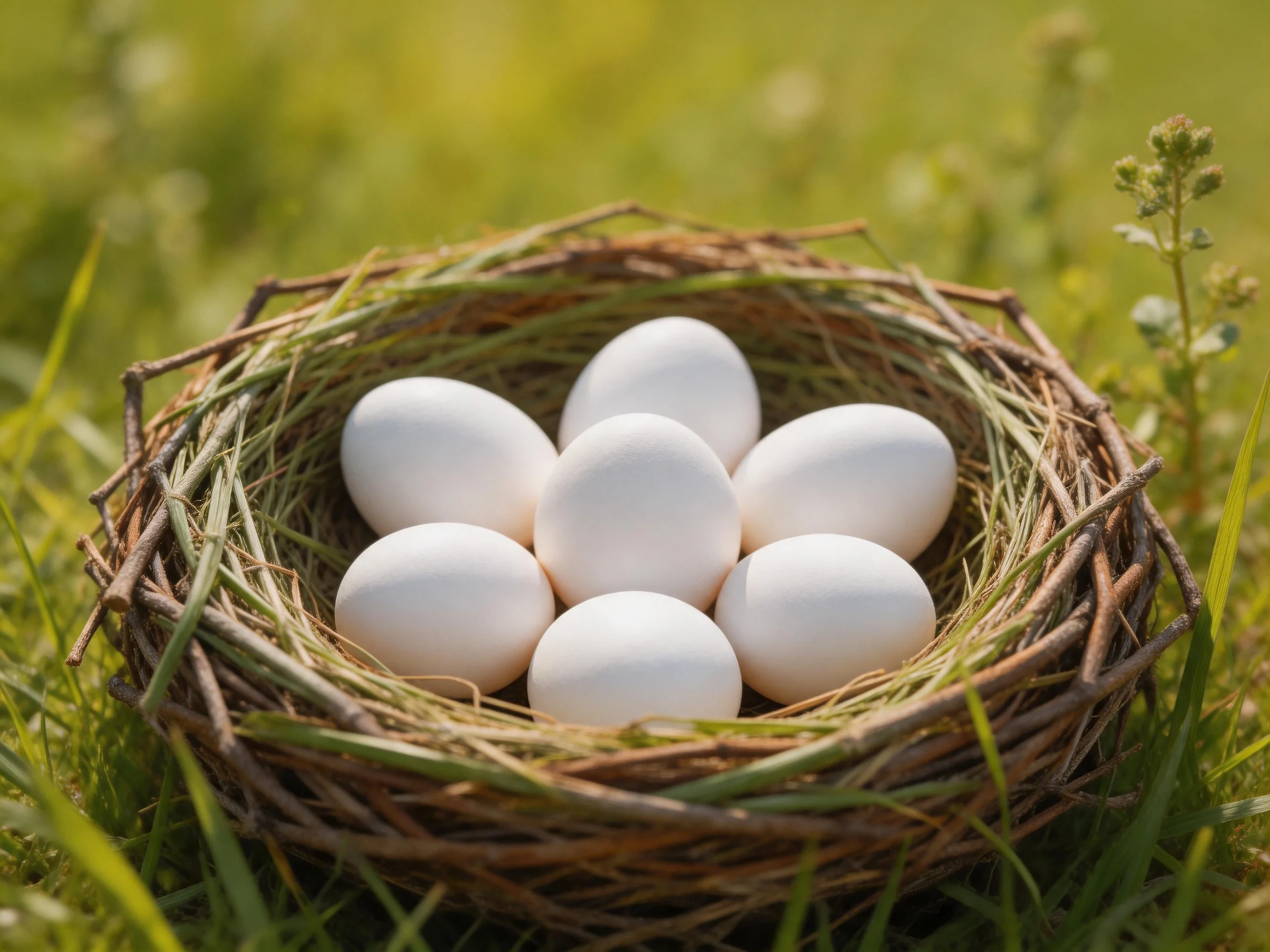 Six white eggs nestled in a woven twig and straw nest