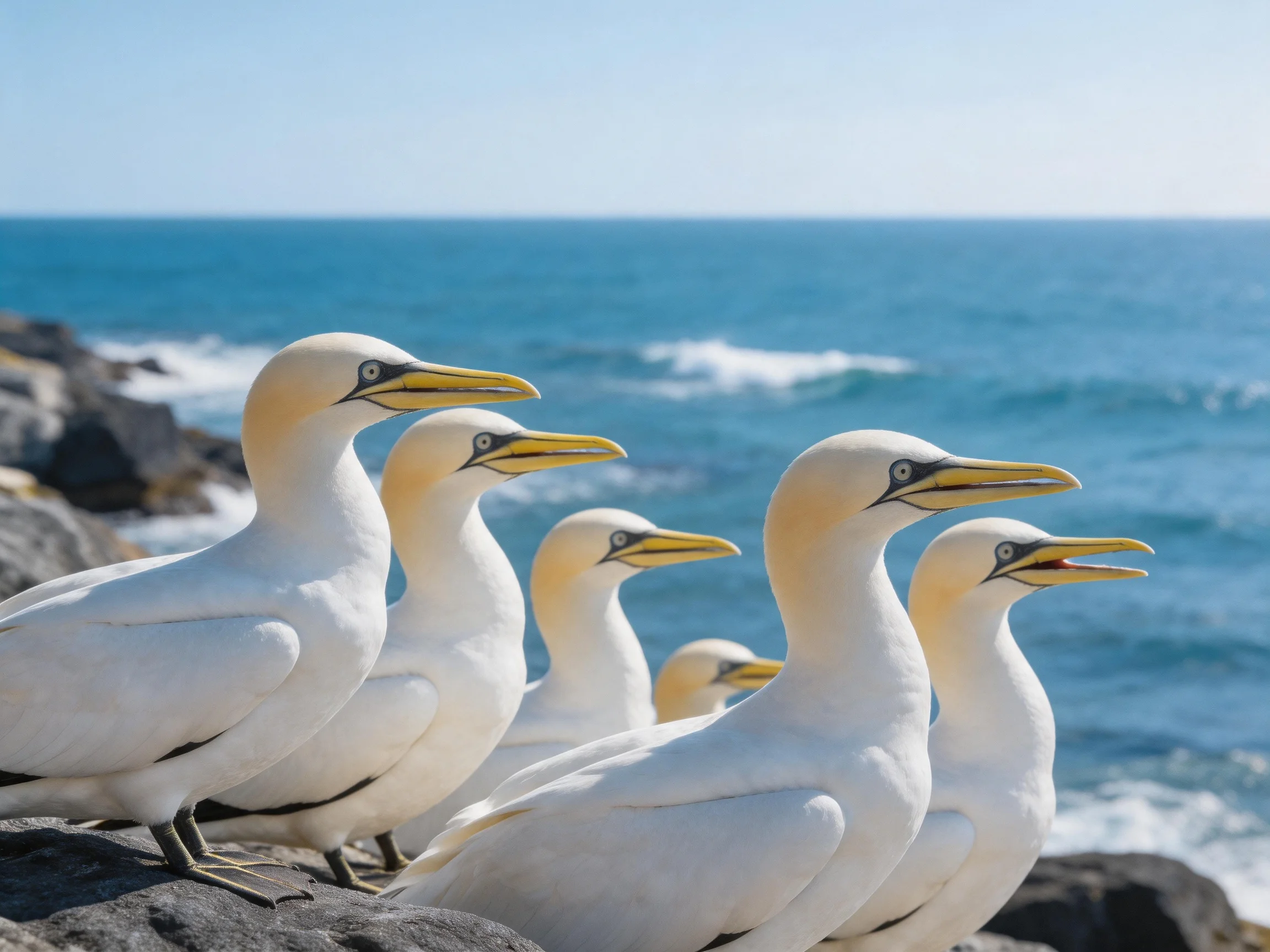 Six white gannets with yellow beaks on rocky cliffside by blue ocean