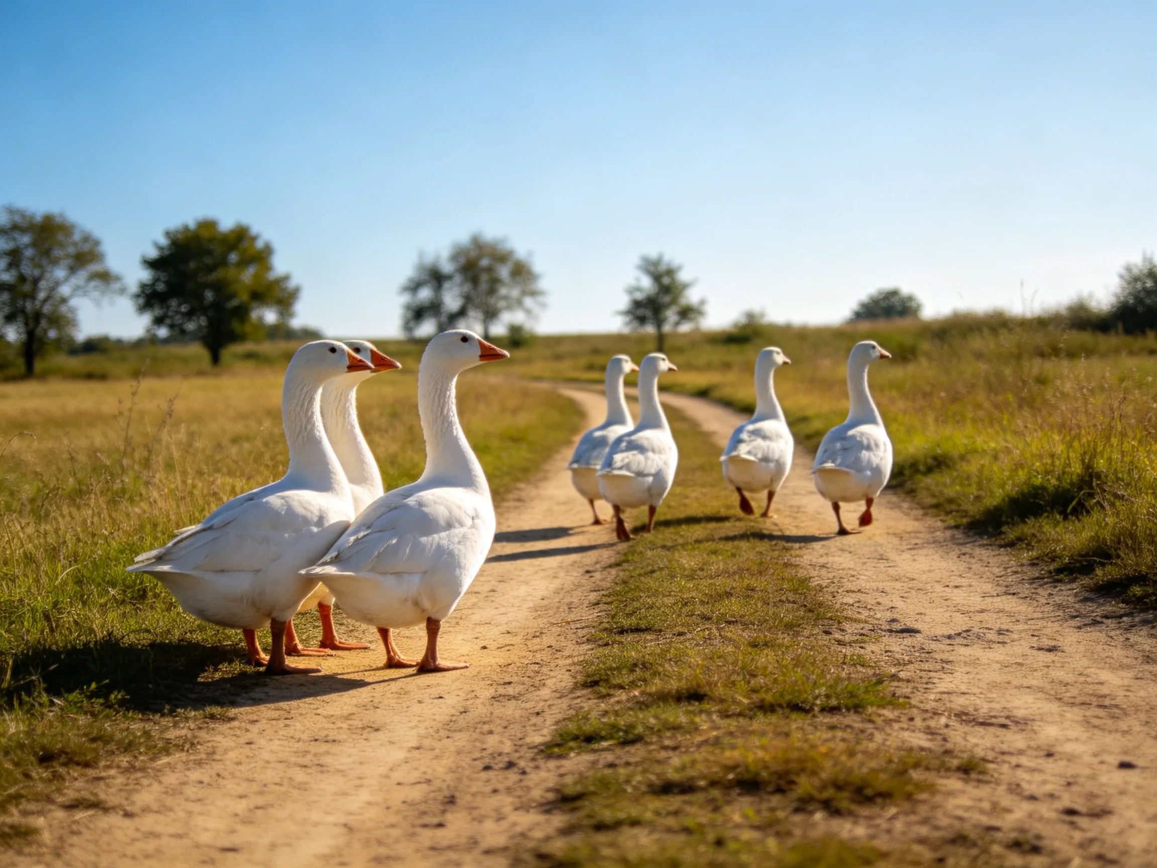 Six white geese walk along a sunlit dirt path