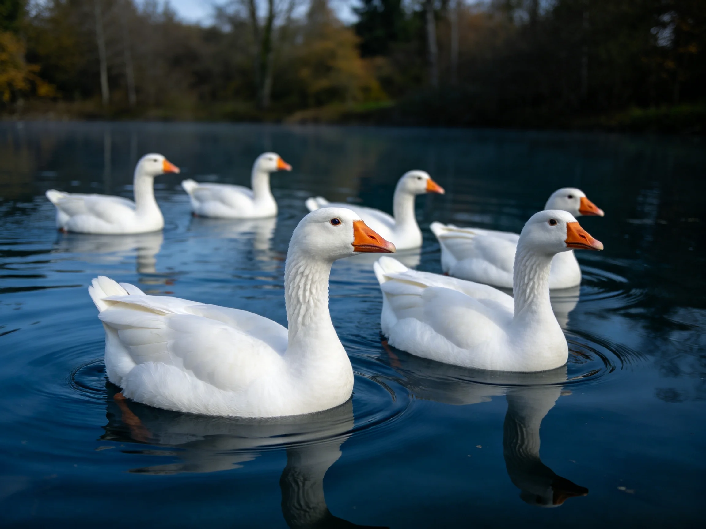 Six white geese with orange beaks swim in calm blue water